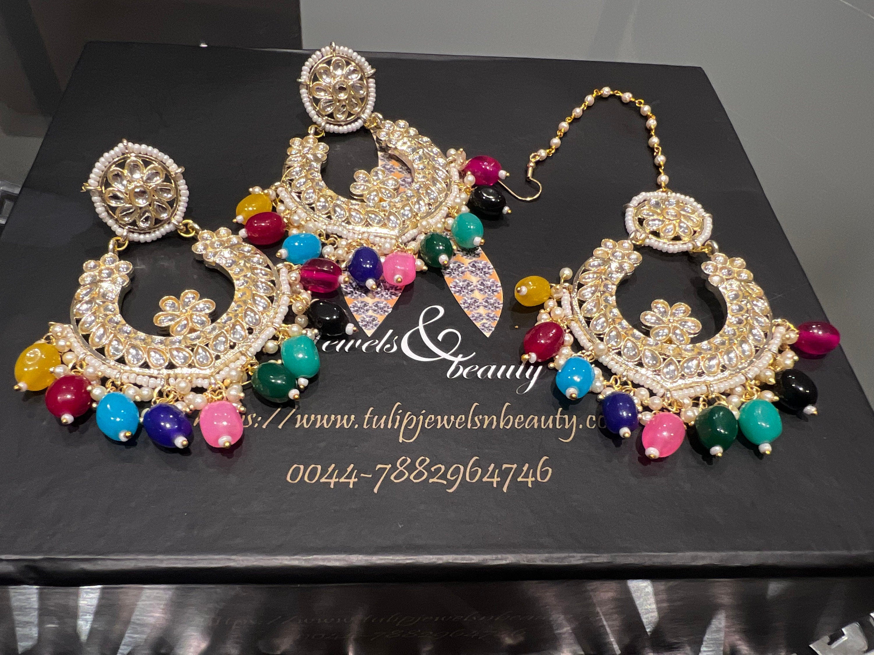 Exquisite Indian Earrings & Tikka Set | Chandballi and Maang Tikkah for Festive Elegance