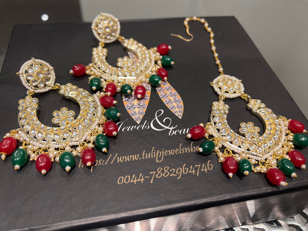 Indian Kundan Chandbali Earrings and Tikka Set, Indian Bridal Jewelry, pakistani jewellery