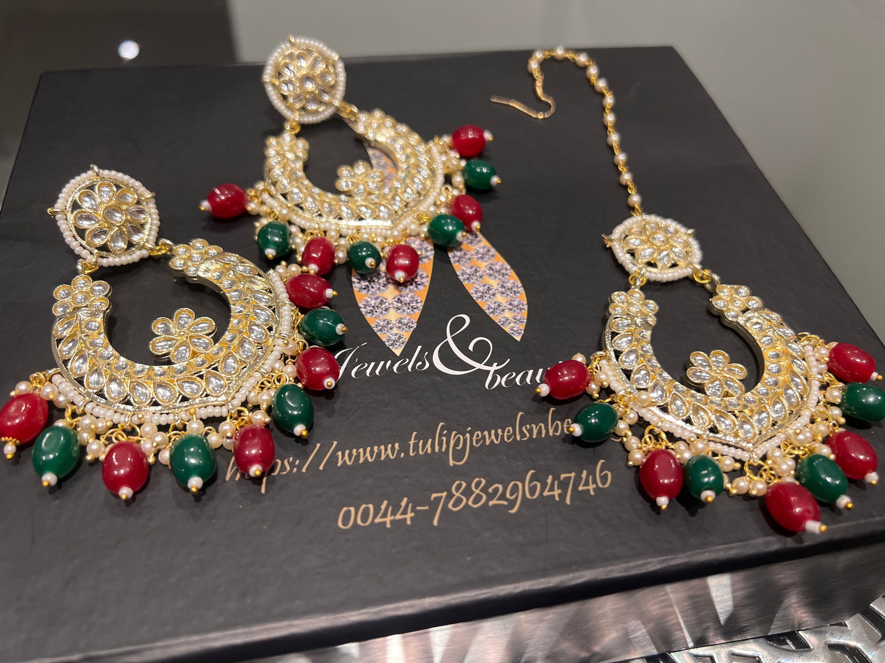Indian Kundan Chandbali Earrings and Tikka Set, Indian Bridal Jewelry, pakistani jewellery