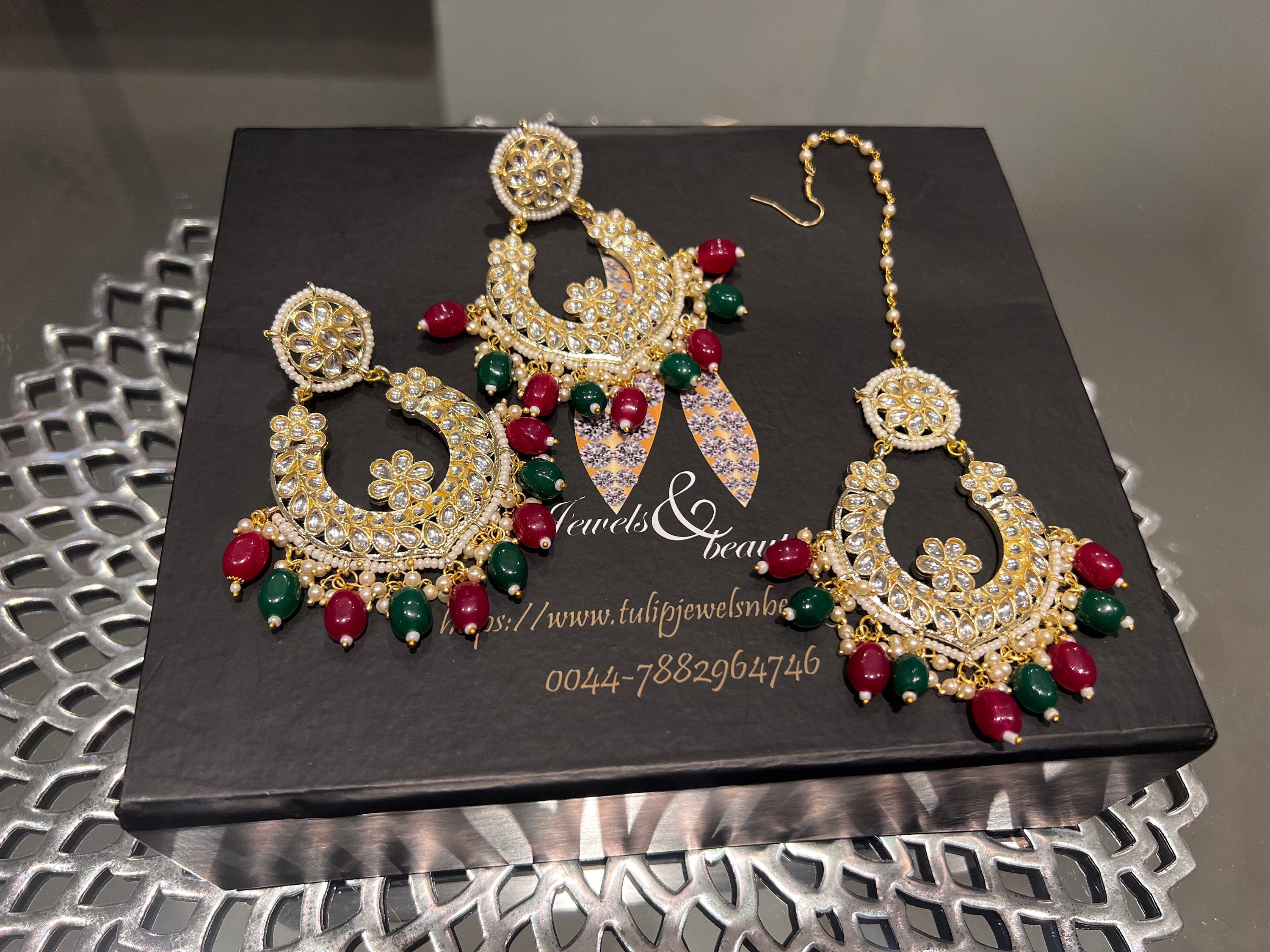 Indian Kundan Chandbali Earrings and Tikka Set, Indian Bridal Jewelry, pakistani jewellery