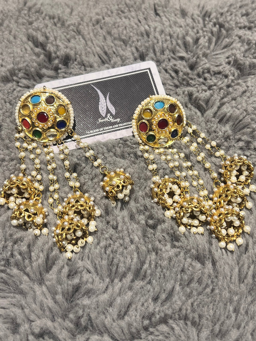 Kundan Navratan Earrings: Pearl Beaded Indian Wedding Jewelry