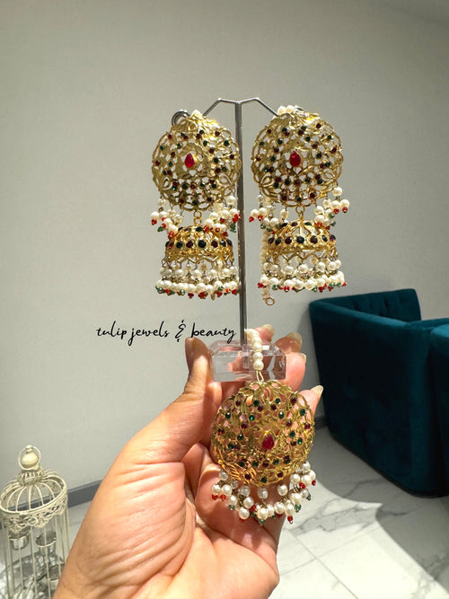 Gold Plated Jhumki Earrings and Tikka Set: Pakistani Indian Jewelry