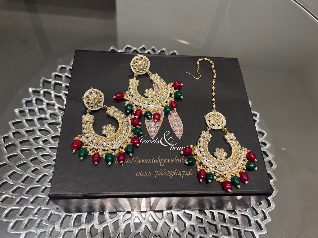 Indian Kundan Chandbali Earrings and Tikka Set, Indian Bridal Jewelry, pakistani jewellery