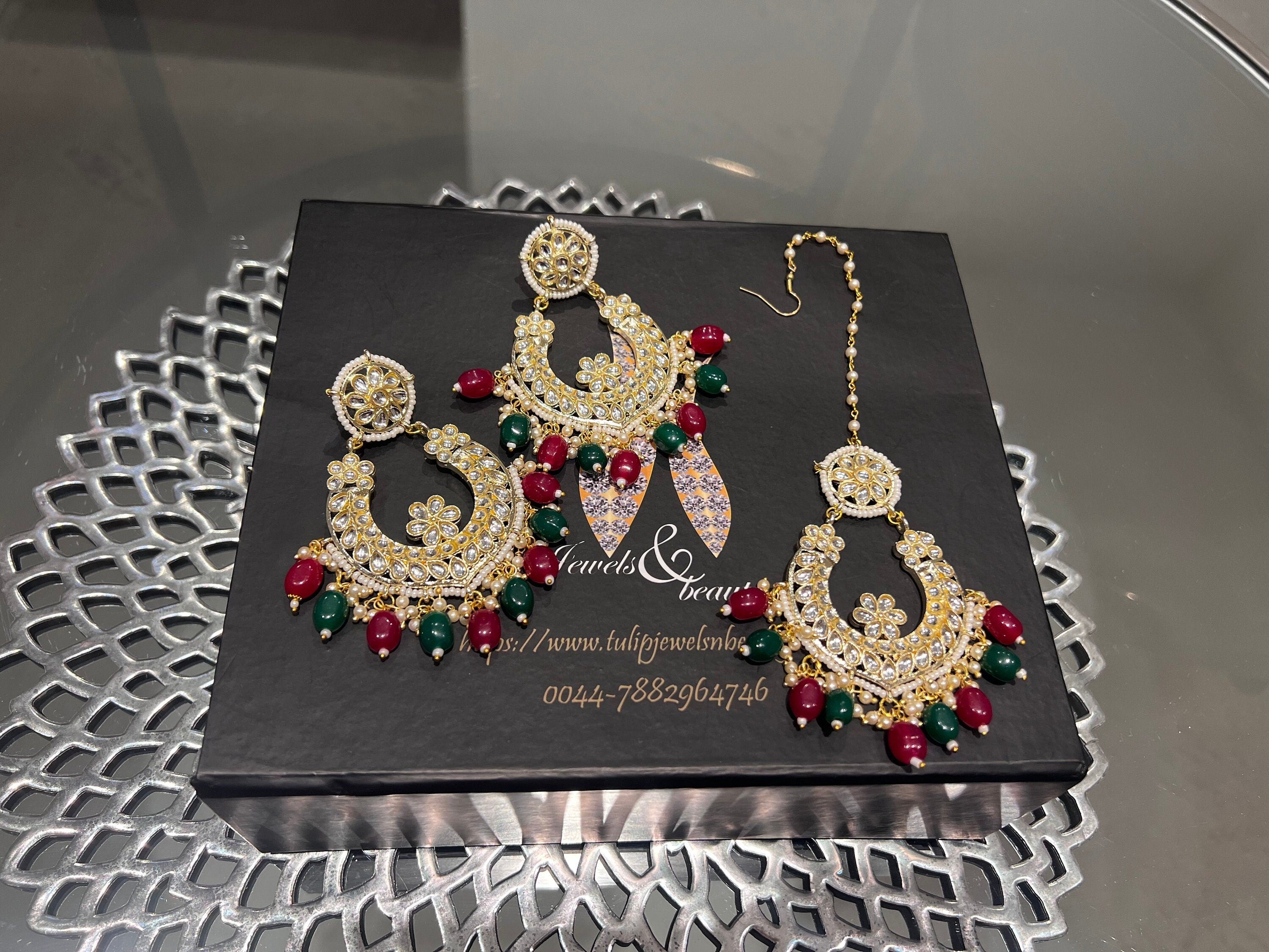 Indian Kundan Chandbali Earrings and Tikka Set, Indian Bridal Jewelry, pakistani jewellery