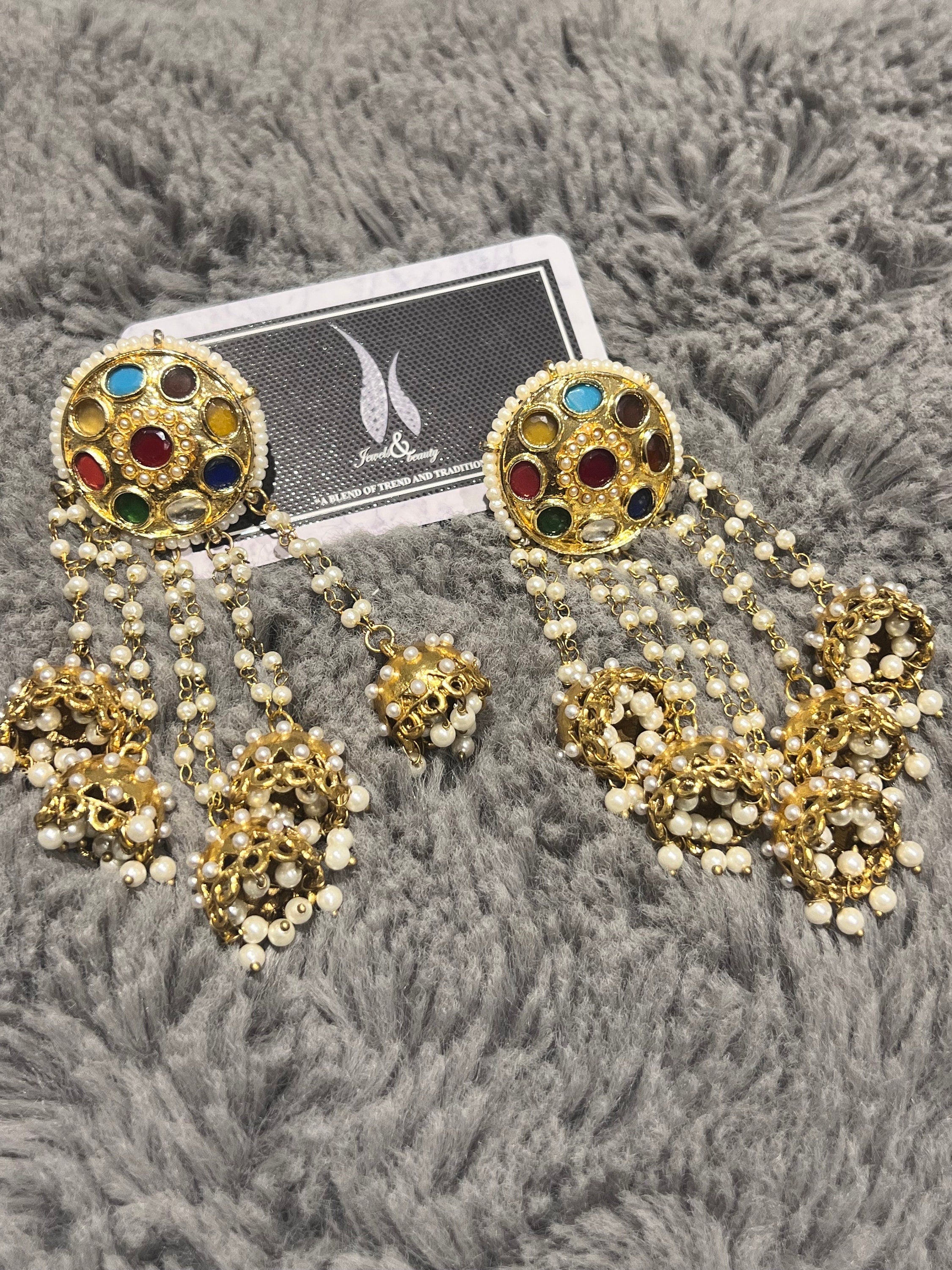Kundan Navratan Earrings: Pearl Beaded Indian Wedding Jewelry