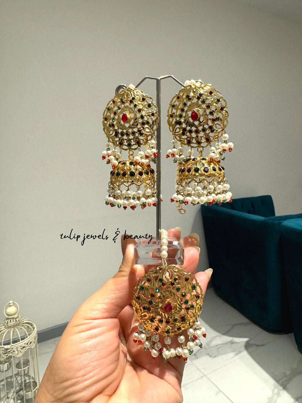 Gold Plated Jhumki Earrings and Tikka Set: Pakistani Indian Jewelry