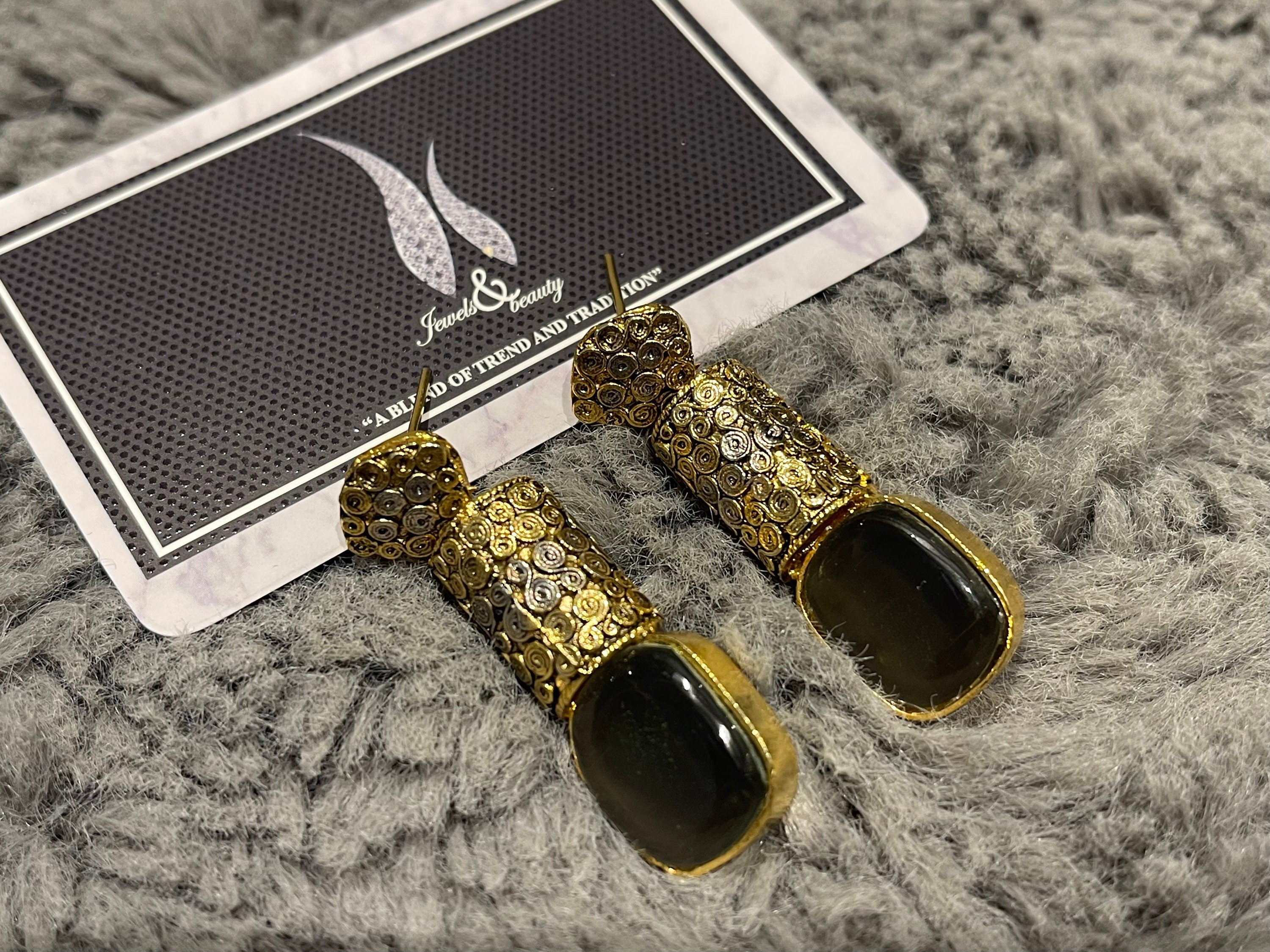 Egyptian Grey Stone Drop Earrings: Gold Plated Brass, Handmade