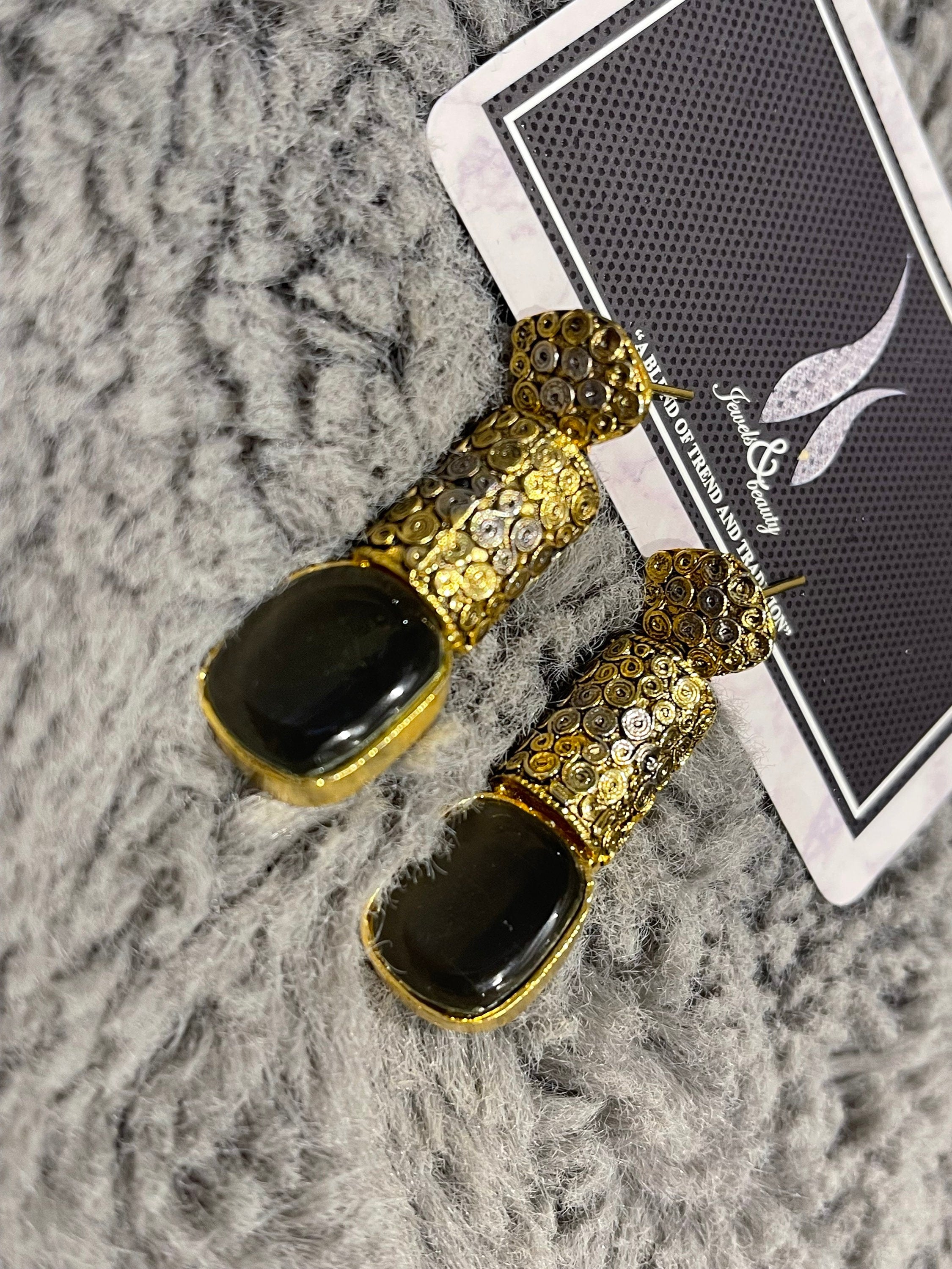 Egyptian Grey Stone Drop Earrings: Gold Plated Brass, Handmade