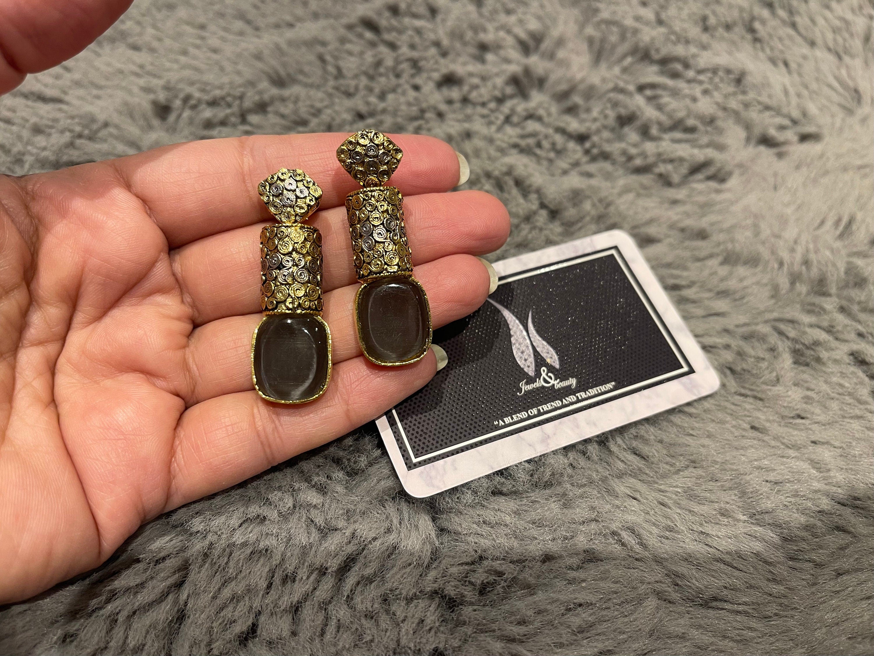 Egyptian Grey Stone Drop Earrings: Gold Plated Brass, Handmade