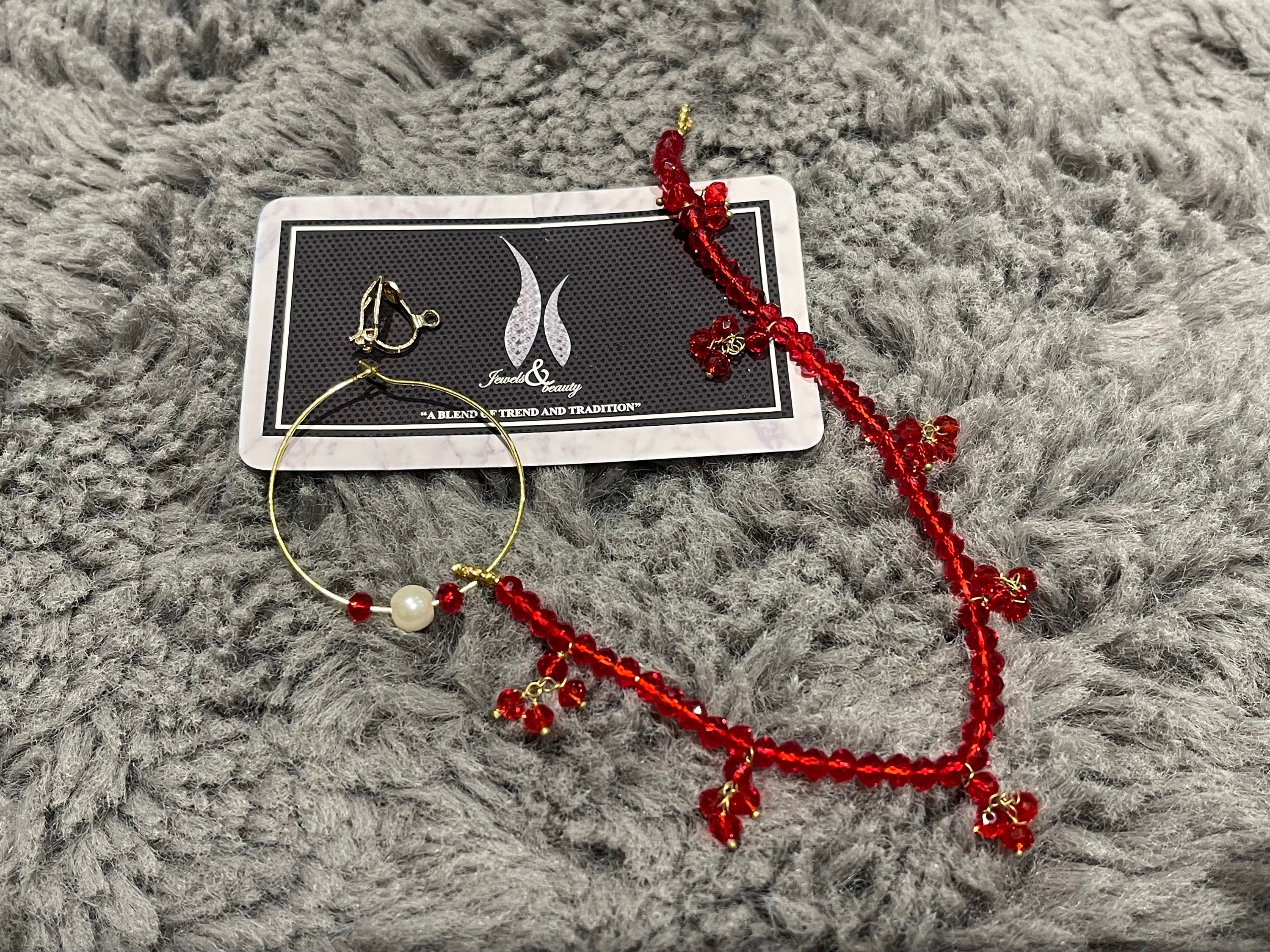 Gold Plated Indian Nose Ring Nath: Red Crystal Bridal Jewelry