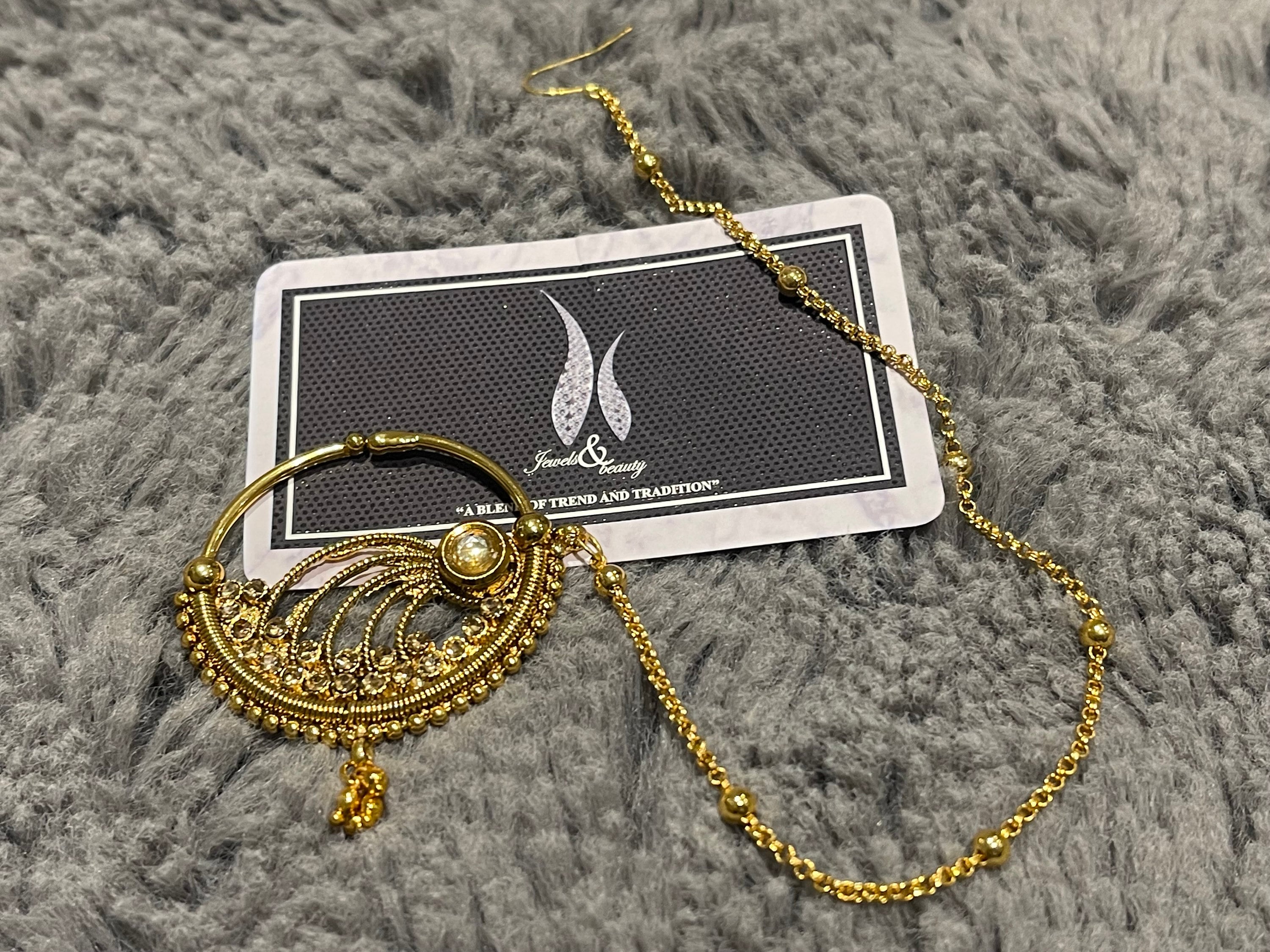 Gold Plated Indian Nose Ring Nath: Non Pierced Bridal Jewelry