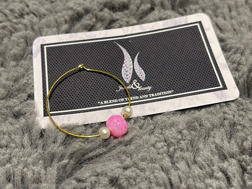 Gold Plated Indian Nose Ring Nath: Pink Bead Bridal Jewelry