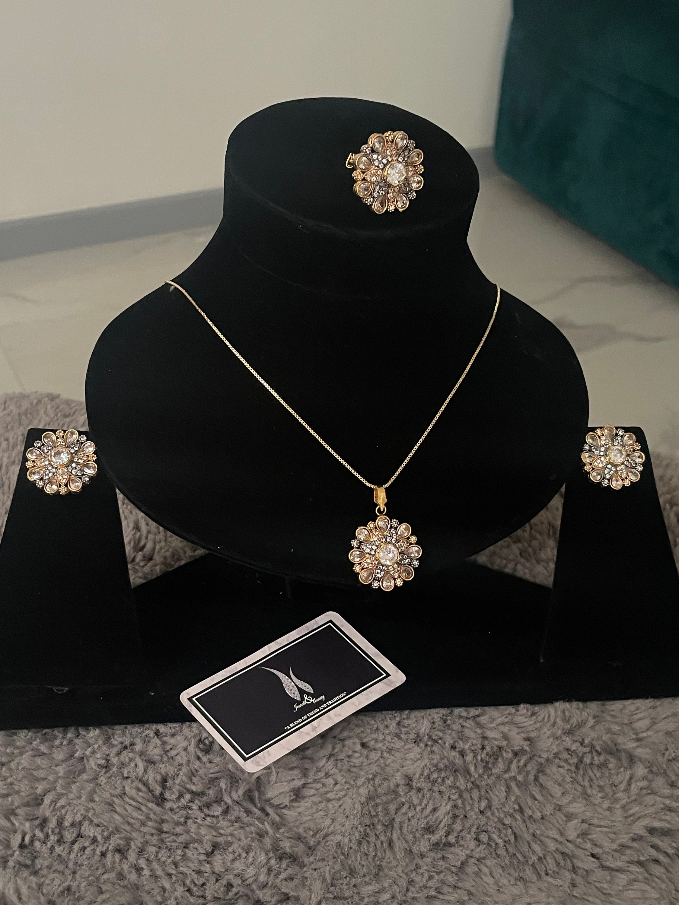 Diamante Gold Plated Jewelry Set: Pendant, Ring & Studs