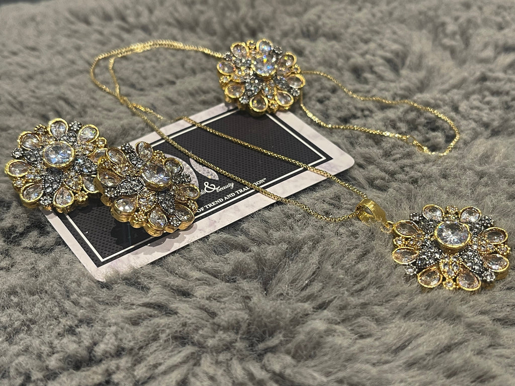 Diamante Gold Plated Jewelry Set: Pendant, Ring & Studs