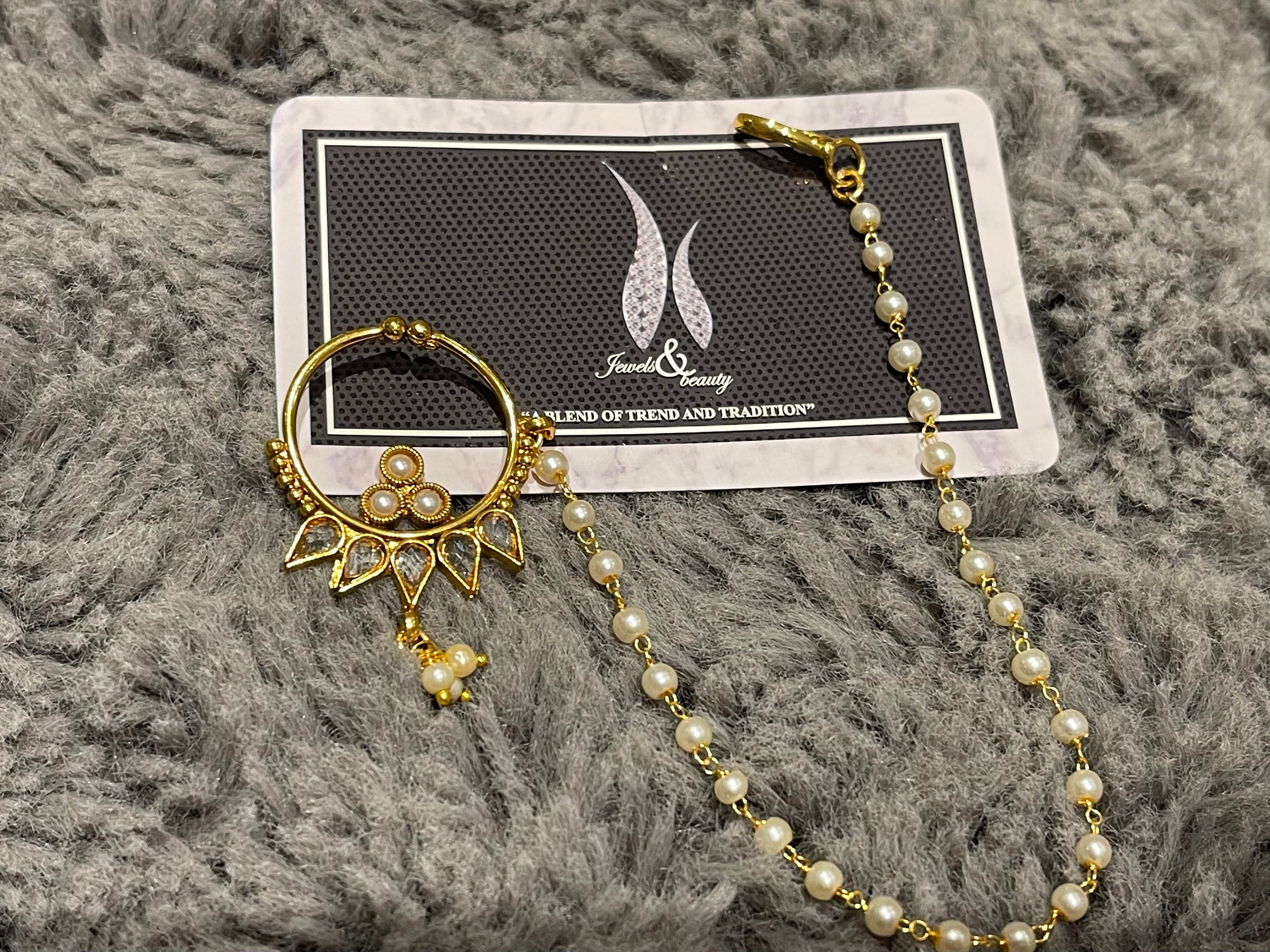 Gold Plated Indian Nose Ring Nath: Bridal Jewelry (Non Pierced)