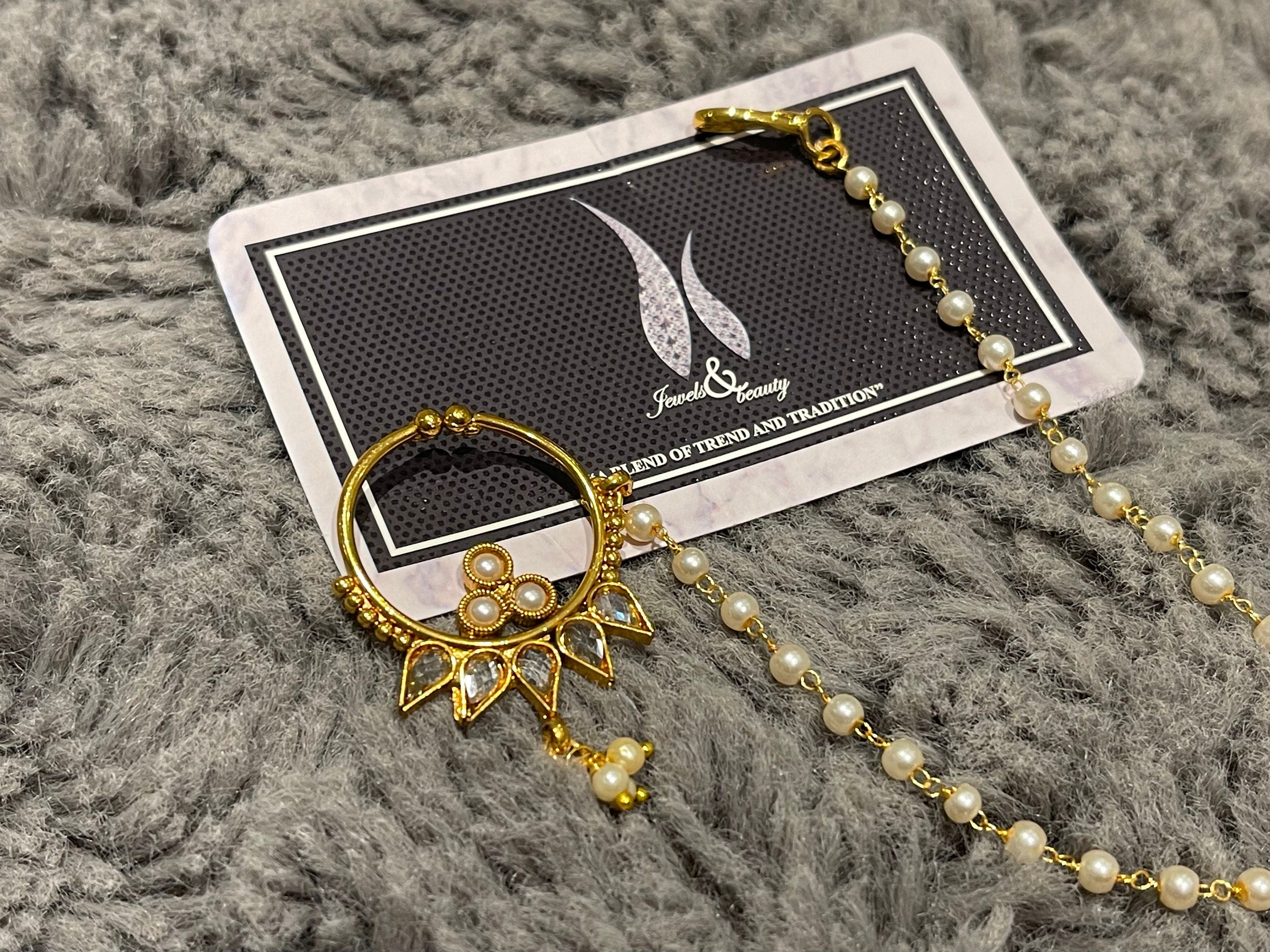 Gold Plated Indian Nose Ring Nath: Bridal Jewelry (Non Pierced)