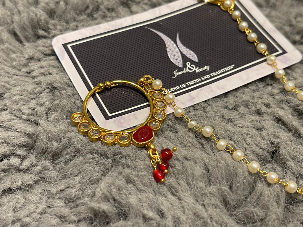 Gold Plated Indian Nose Ring Nath: Maroon Bridal Jewelry