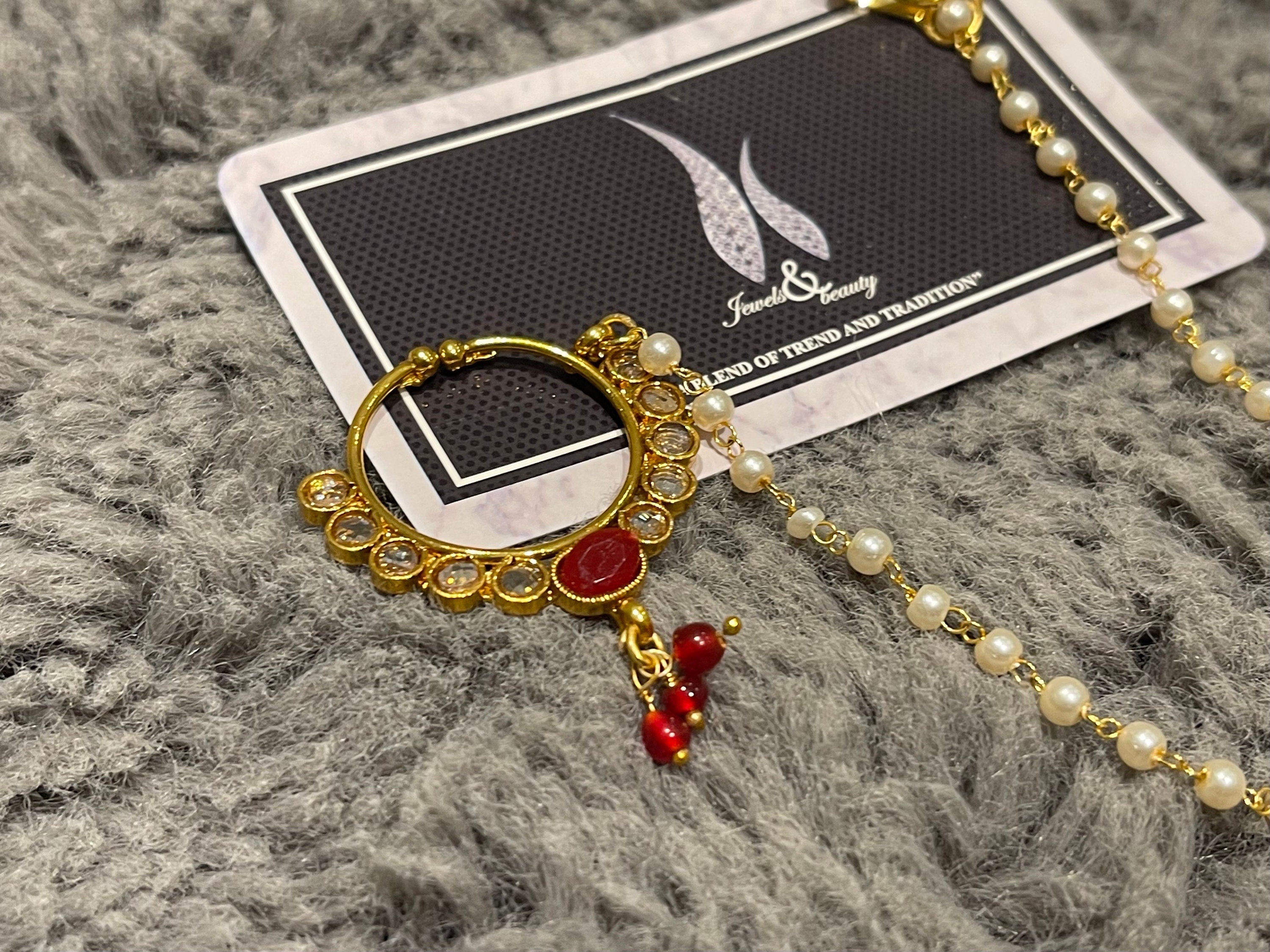Gold Plated Indian Nose Ring Nath: Maroon Bridal Jewelry