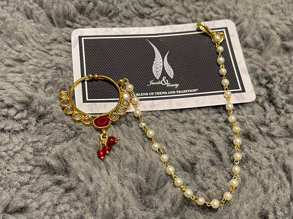 Gold Plated Indian Nose Ring Nath: Maroon Bridal Jewelry