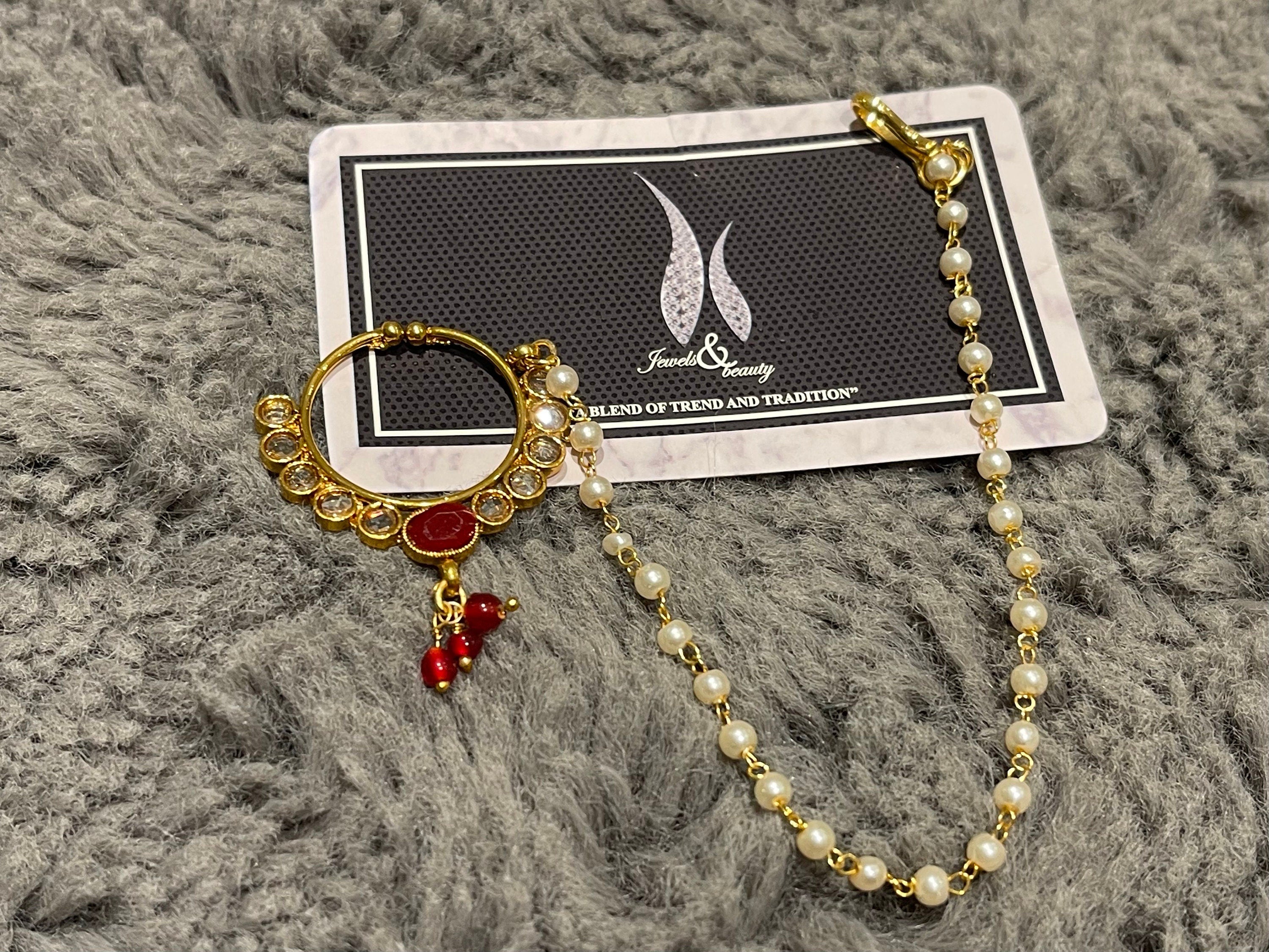 Gold Plated Indian Nose Ring Nath: Maroon Bridal Jewelry