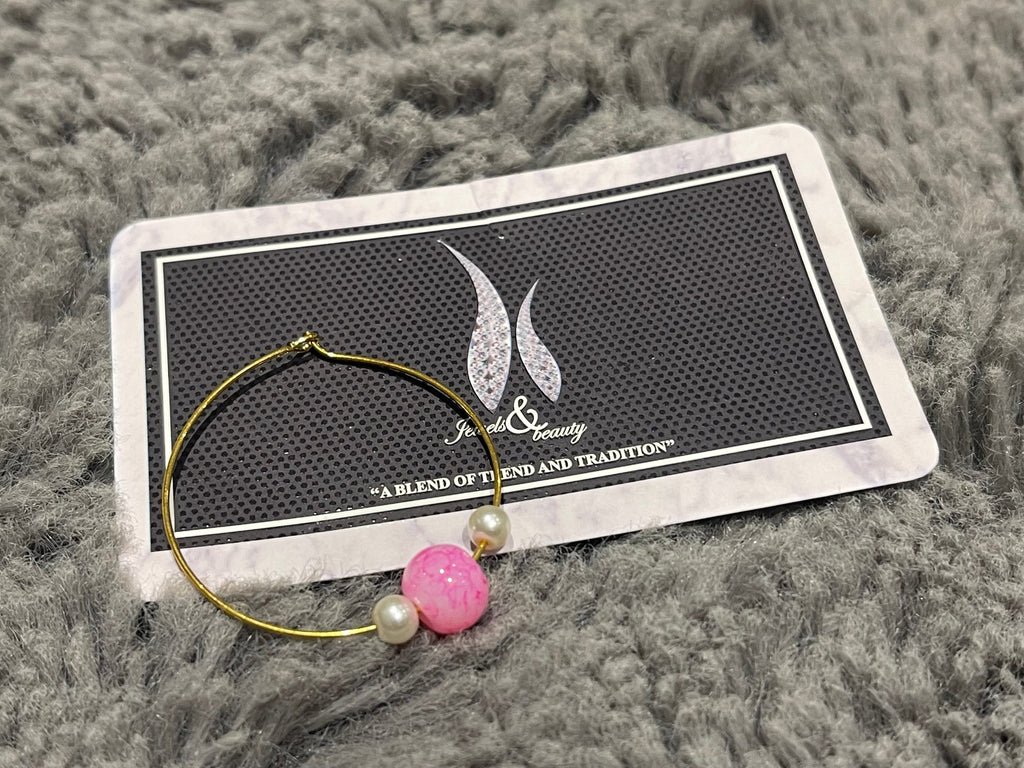 Gold Plated Indian Nose Ring Nath: Pink Bead Bridal Jewelry