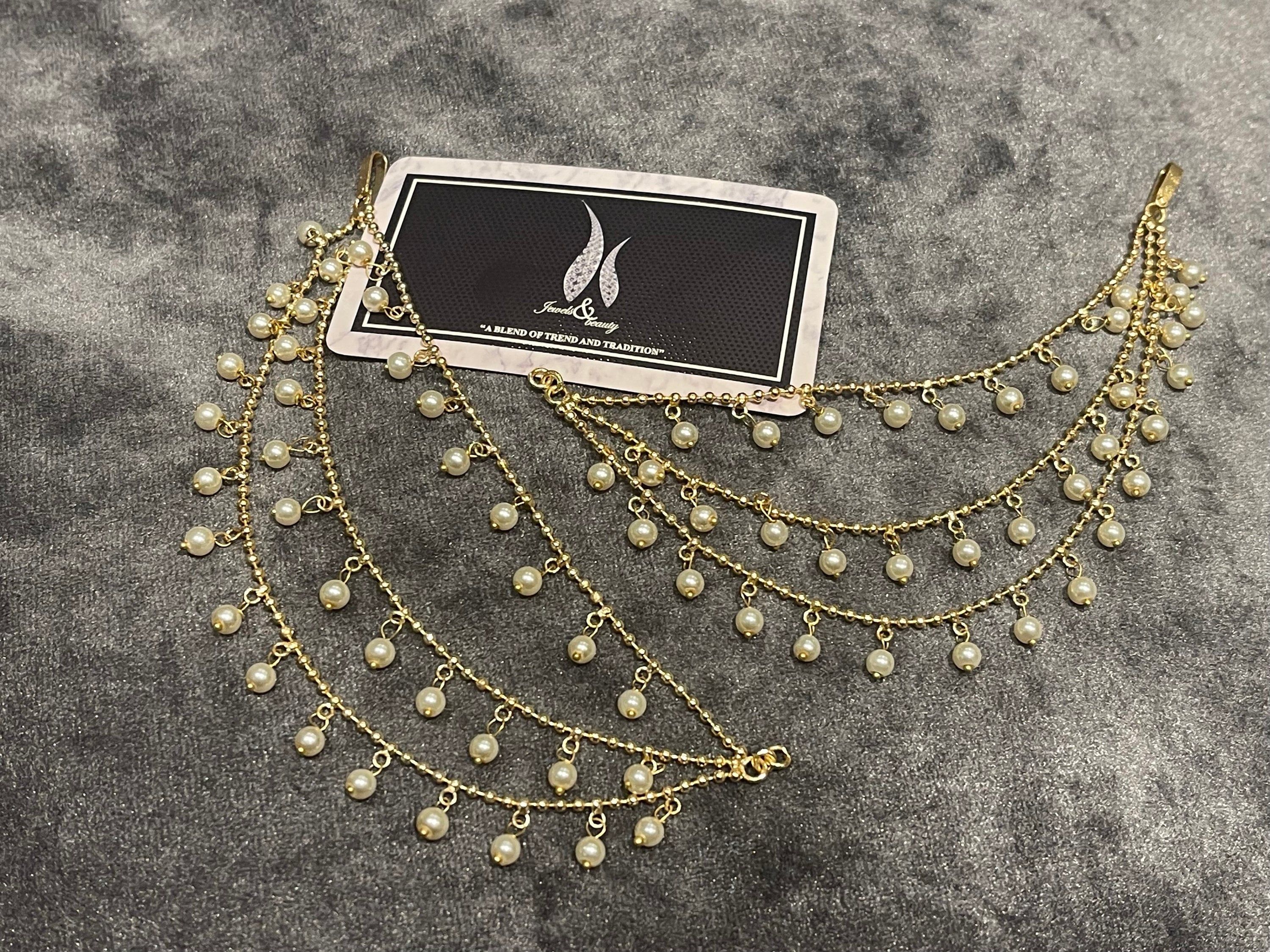 Gold Plated Pearl Ear Chain: Pakistani Indian Jewelry