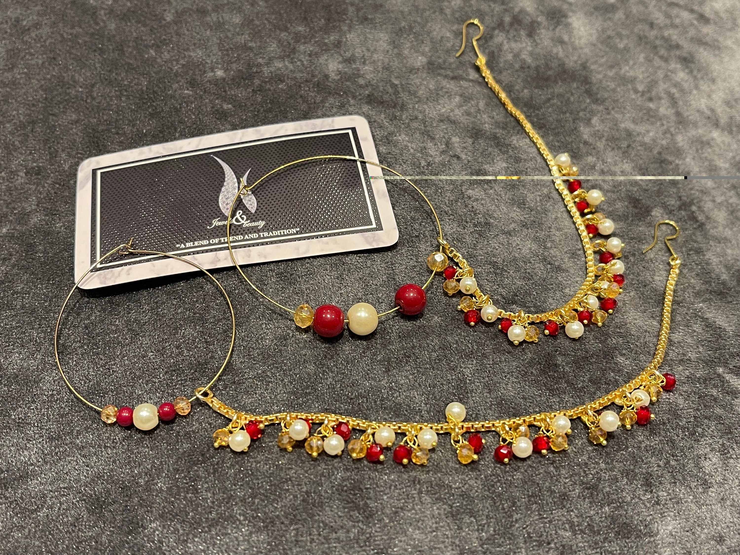 Gold Plated Indian Nose Ring: Bridal Nath with Pearls & Crystals