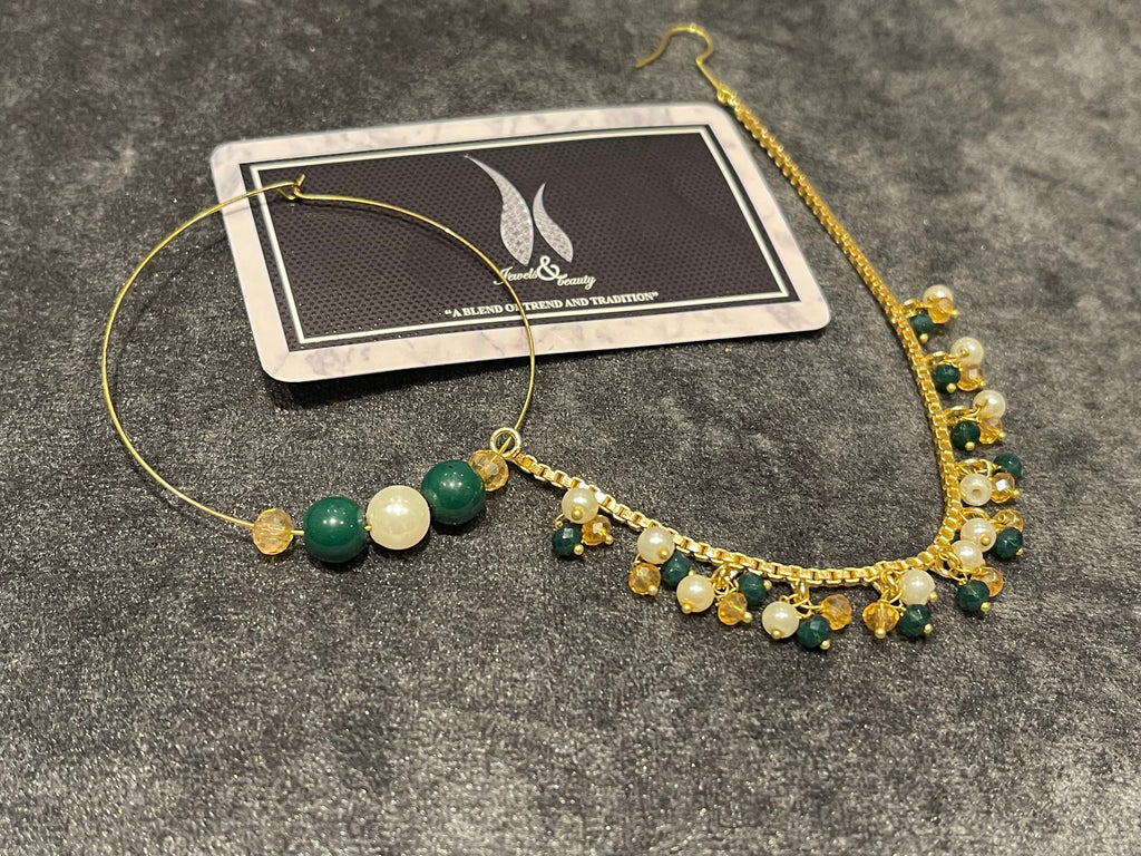 Gold Plated Nose Ring Nath: Emerald, Pearl, and Crystal Indian Bridal Jewelry