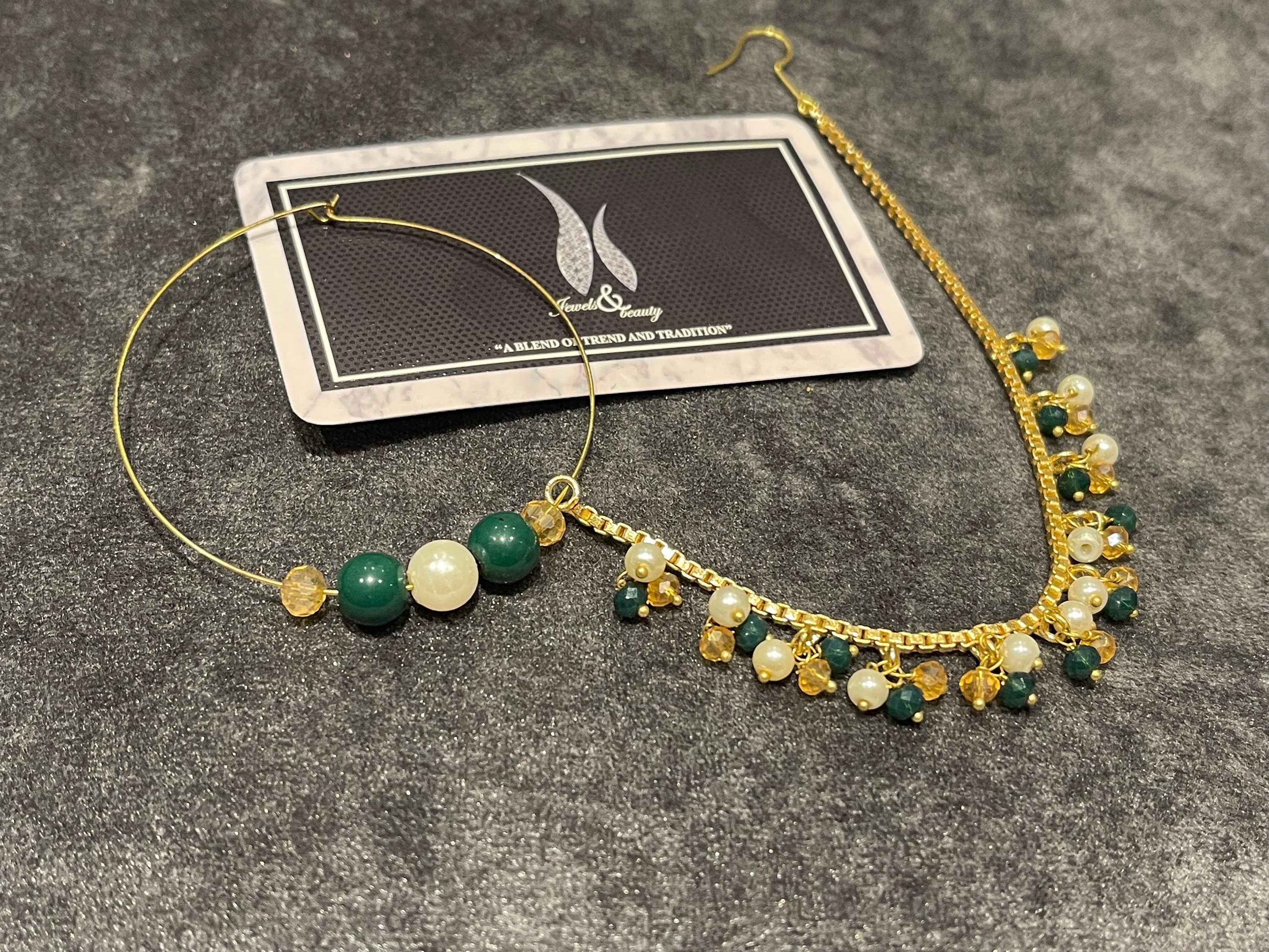 Gold Plated Nose Ring Nath: Emerald, Pearl, and Crystal Indian Bridal Jewelry