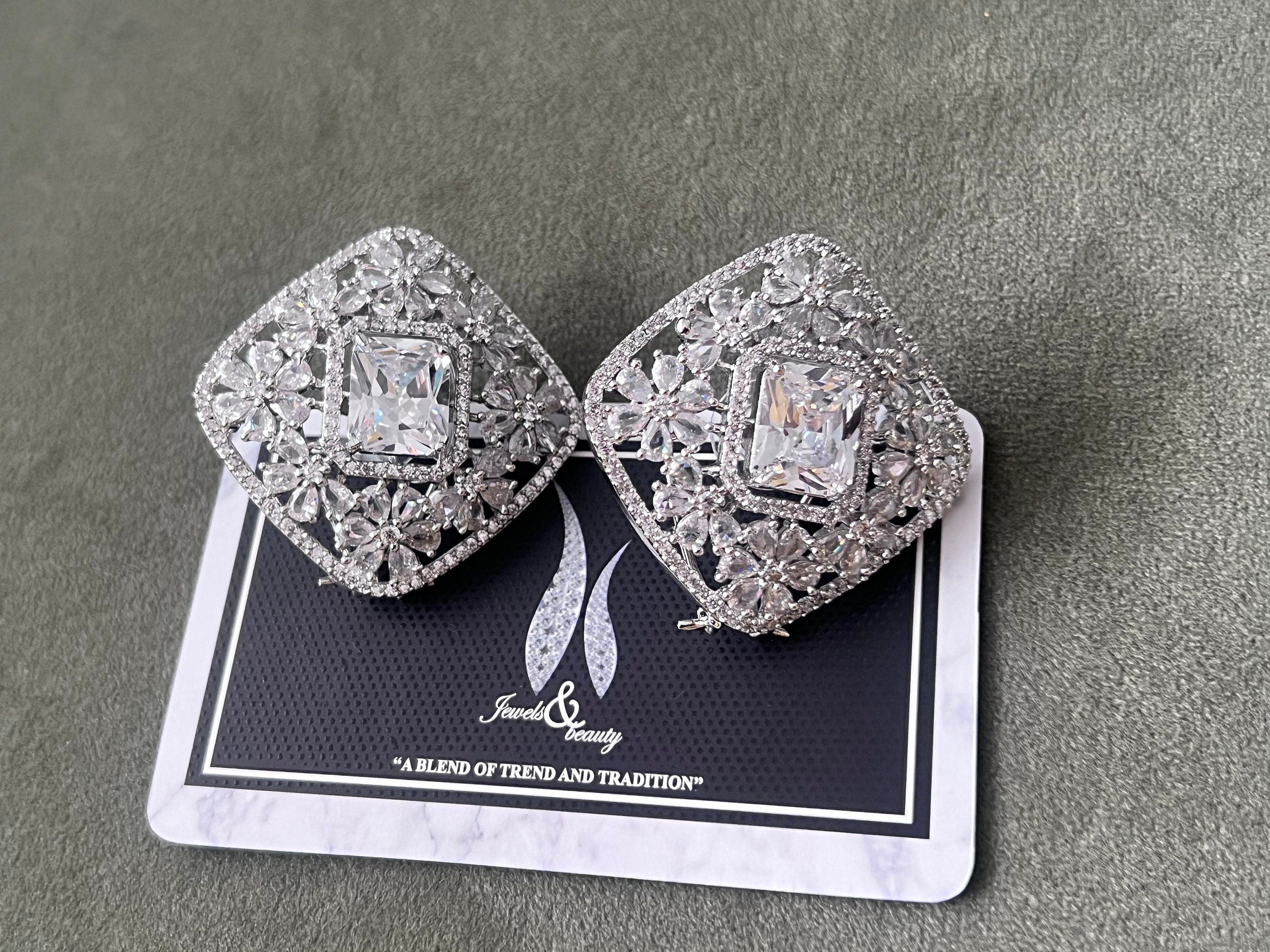 Elegant Cubic Zirconia Studs - Rhodium Plated Bridal Earrings pair