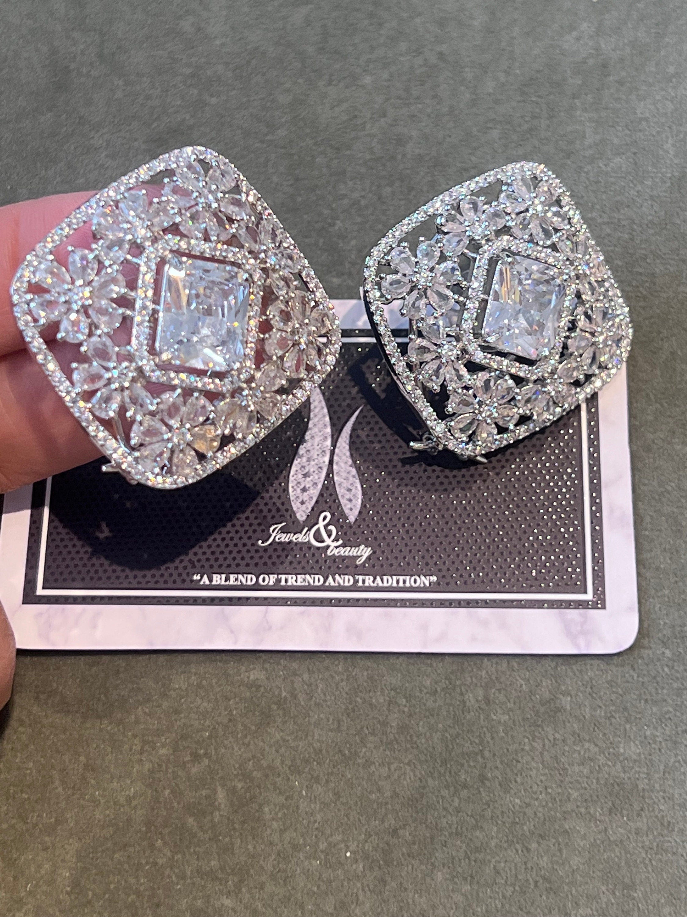 Elegant Cubic Zirconia Studs - Rhodium Plated Bridal Earrings pair