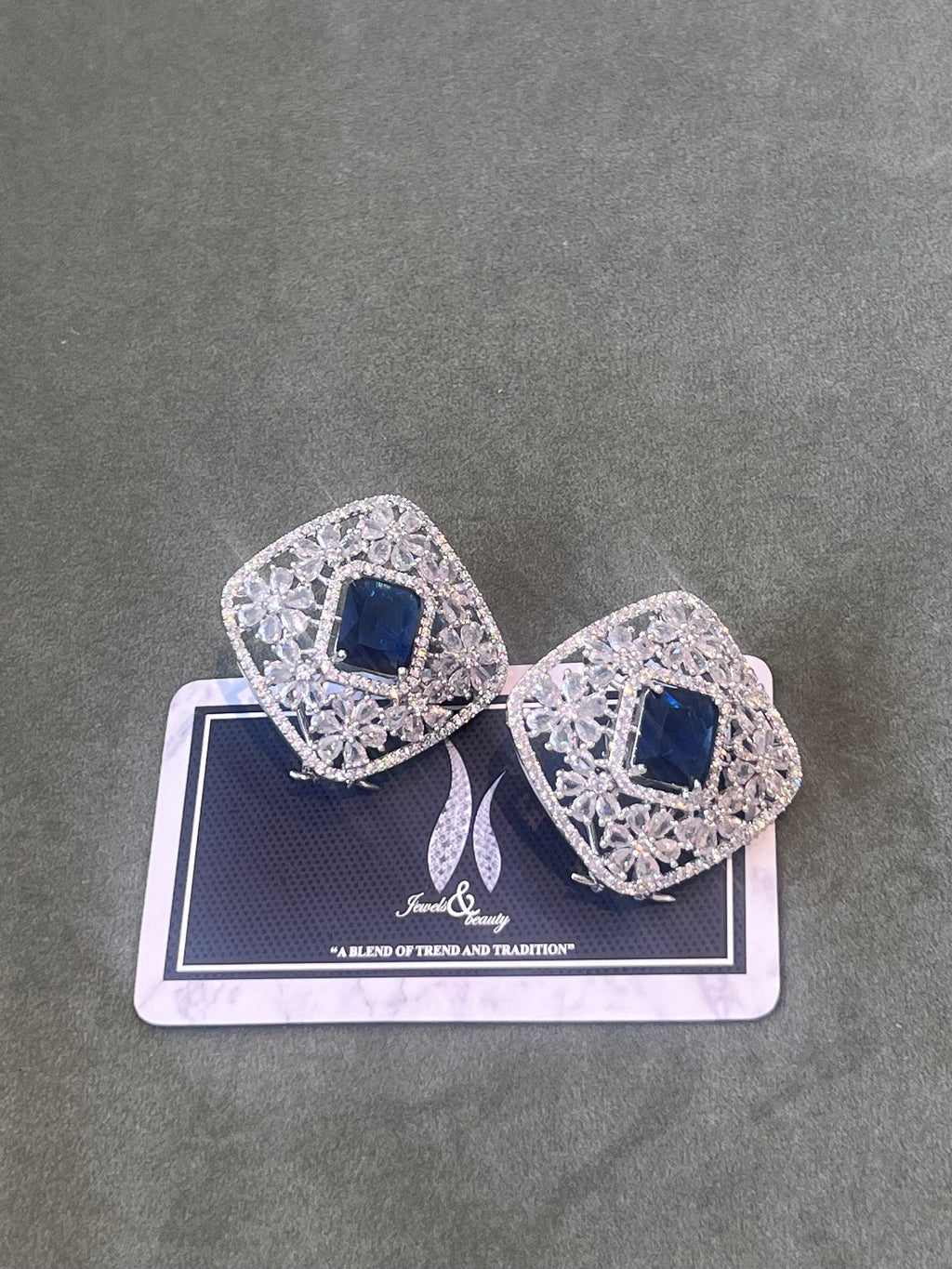 Silver Statement studs Sapphire big size  Earrings - Handcrafted Indian Pakistani  Jewelry