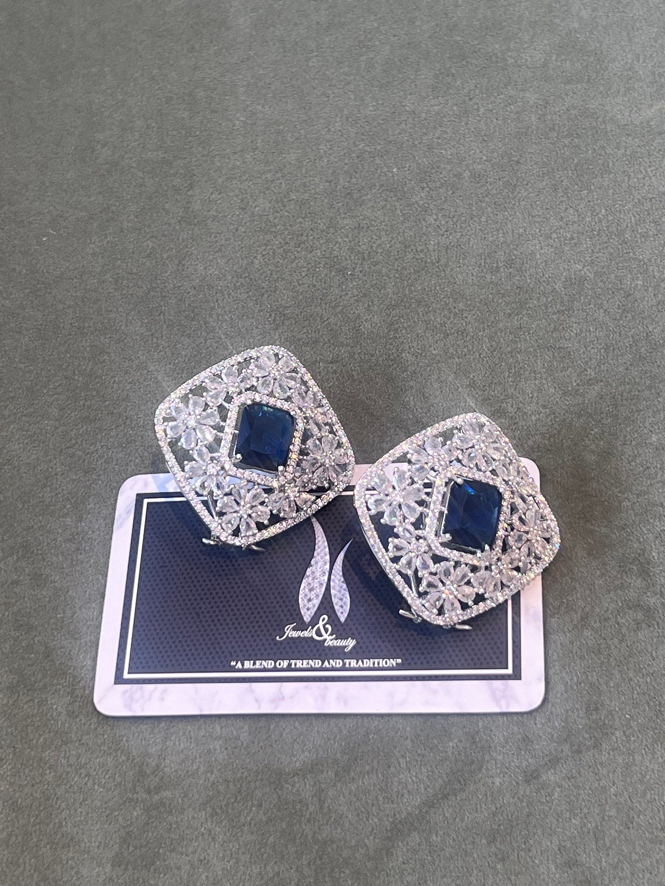 Silver Statement studs Sapphire big size  Earrings - Handcrafted Indian Pakistani  Jewelry