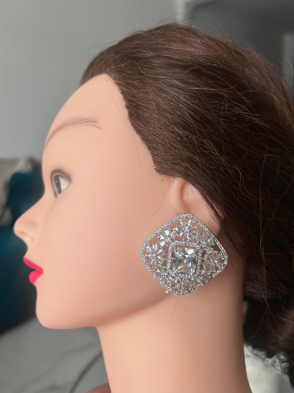 Silver Statement studs Sapphire big size  Earrings - Handcrafted Indian Pakistani  Jewelry