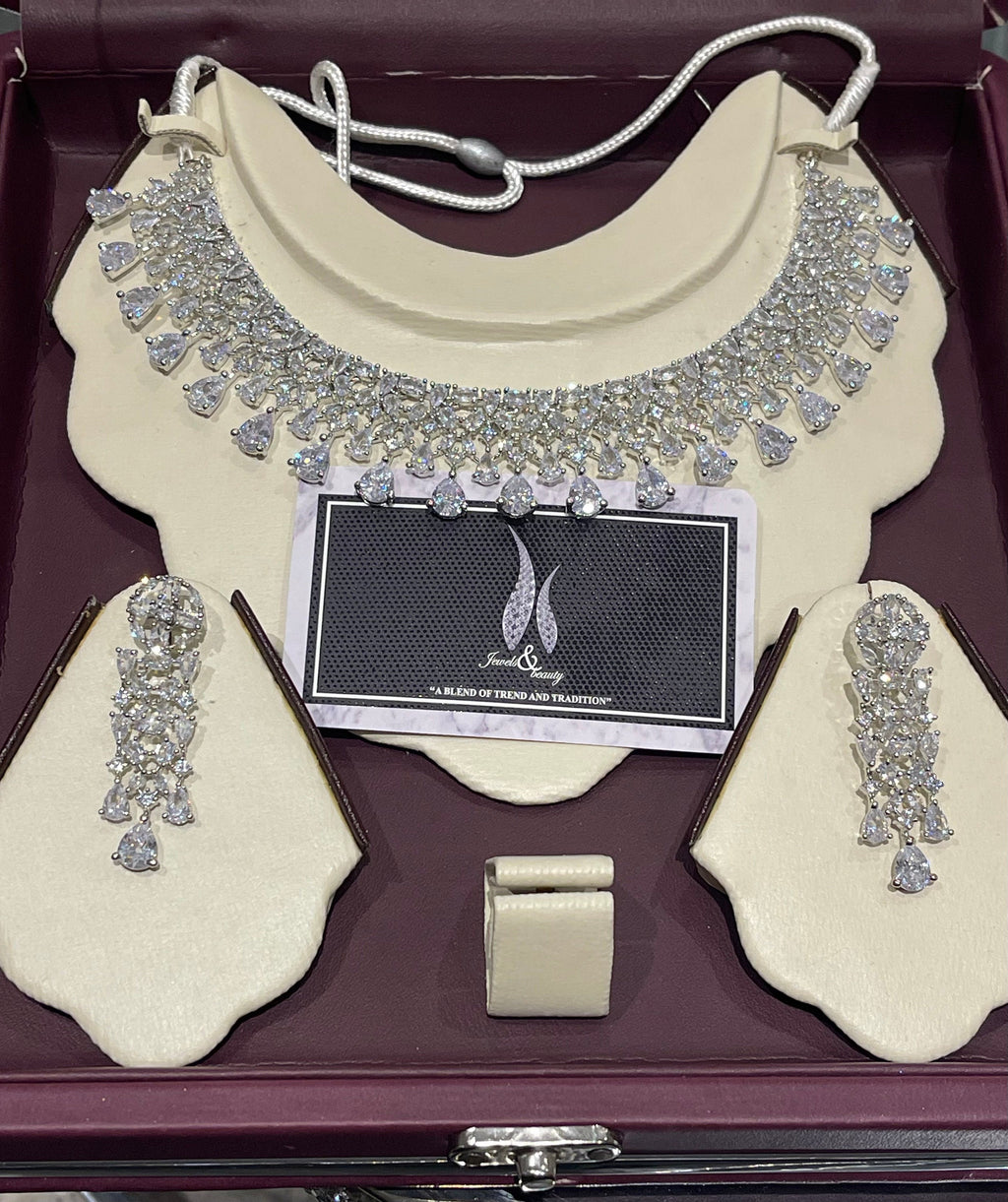 CZ Diamond Indian Bridal Necklace Set: Silver Wedding Jewelry