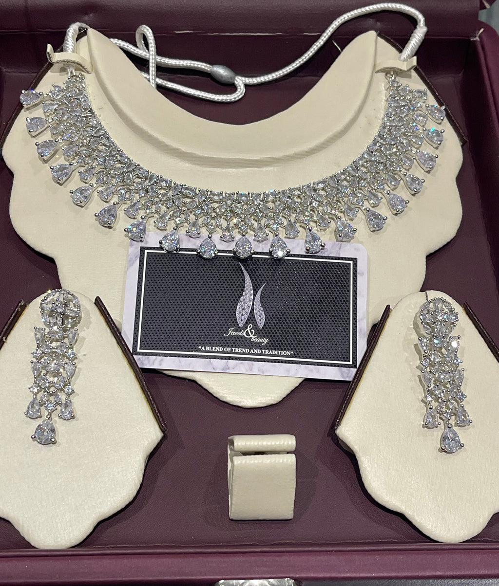 CZ Diamond Indian Bridal Necklace Set: Silver Wedding Jewelry