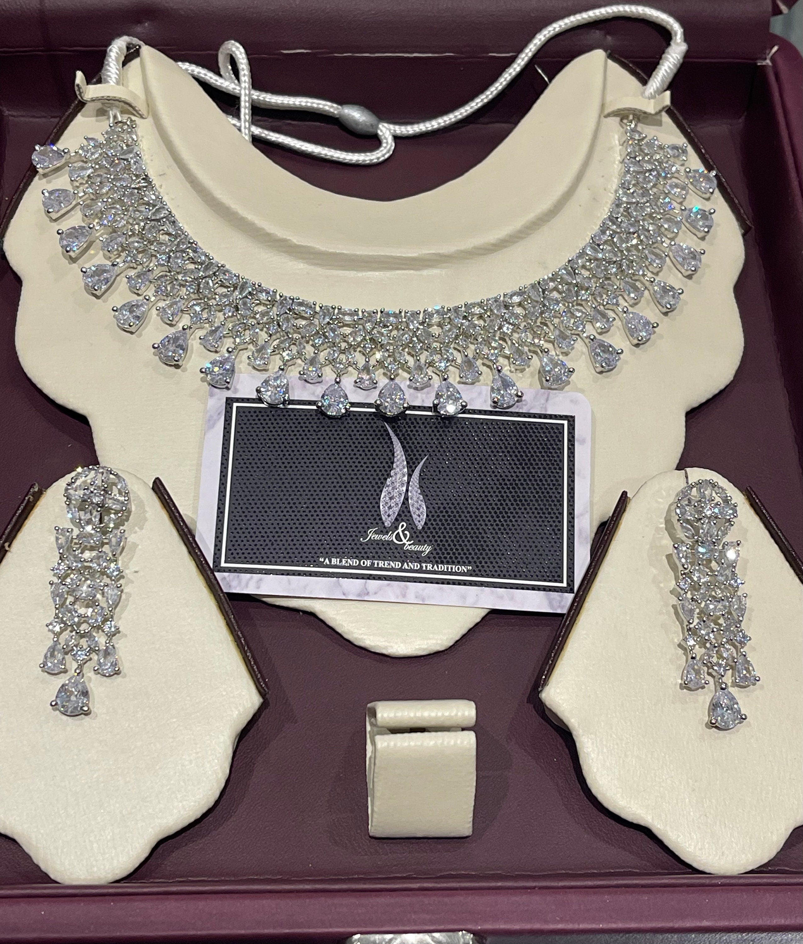 CZ Diamond Indian Bridal Necklace Set: Silver Wedding Jewelry