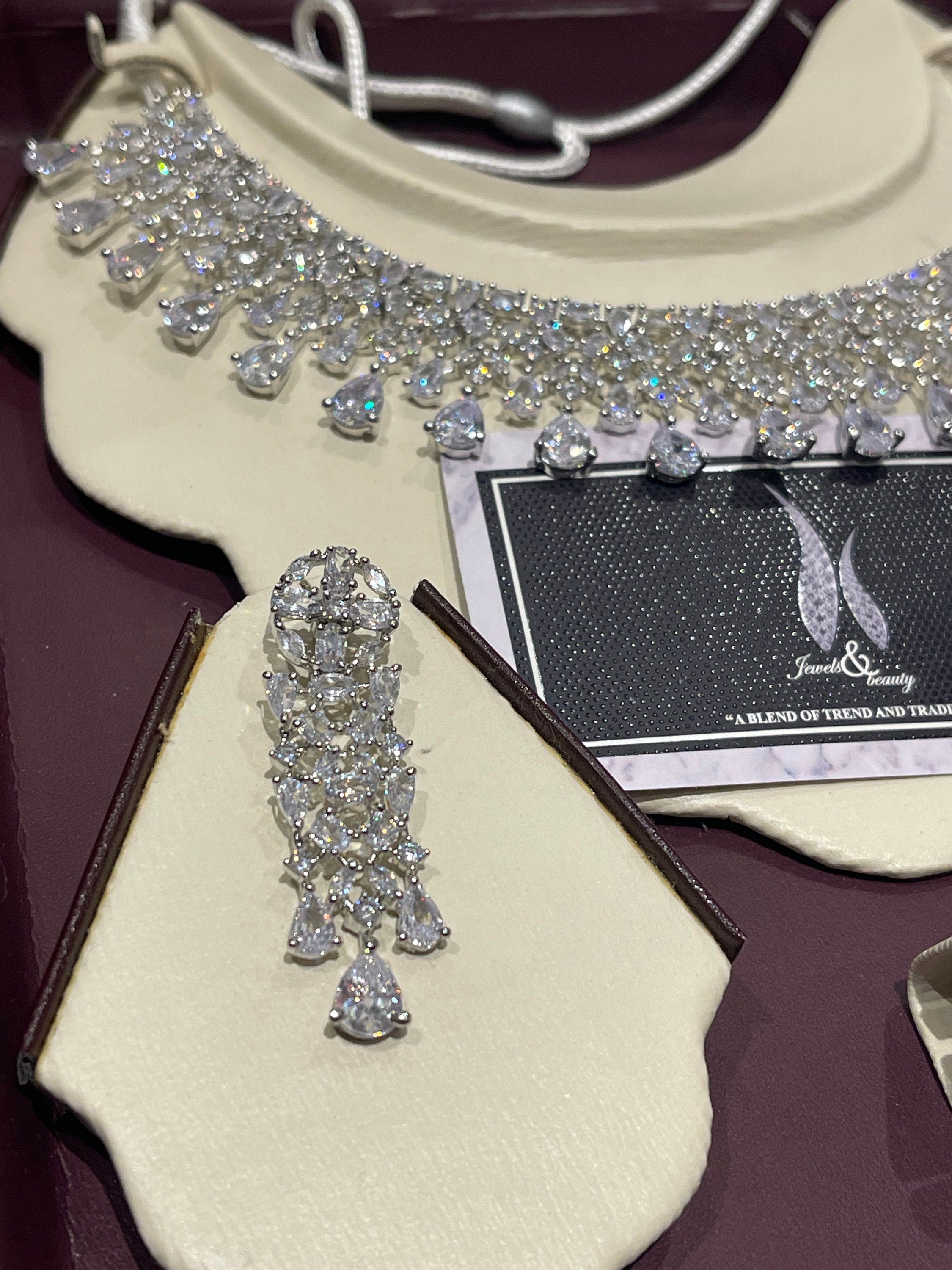 CZ Diamond Indian Bridal Necklace Set: Silver Wedding Jewelry