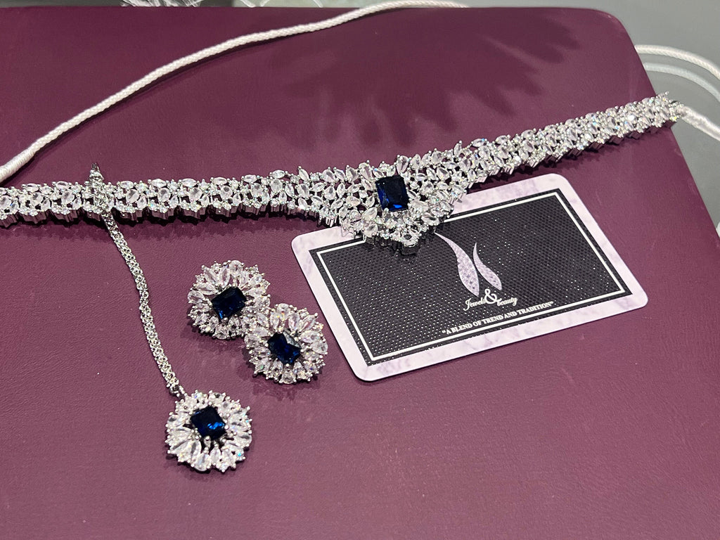 Indian CZ stones Silver sapphire blue Choker Necklace, Earrings, tikka Set - Perfect Engagement Gift