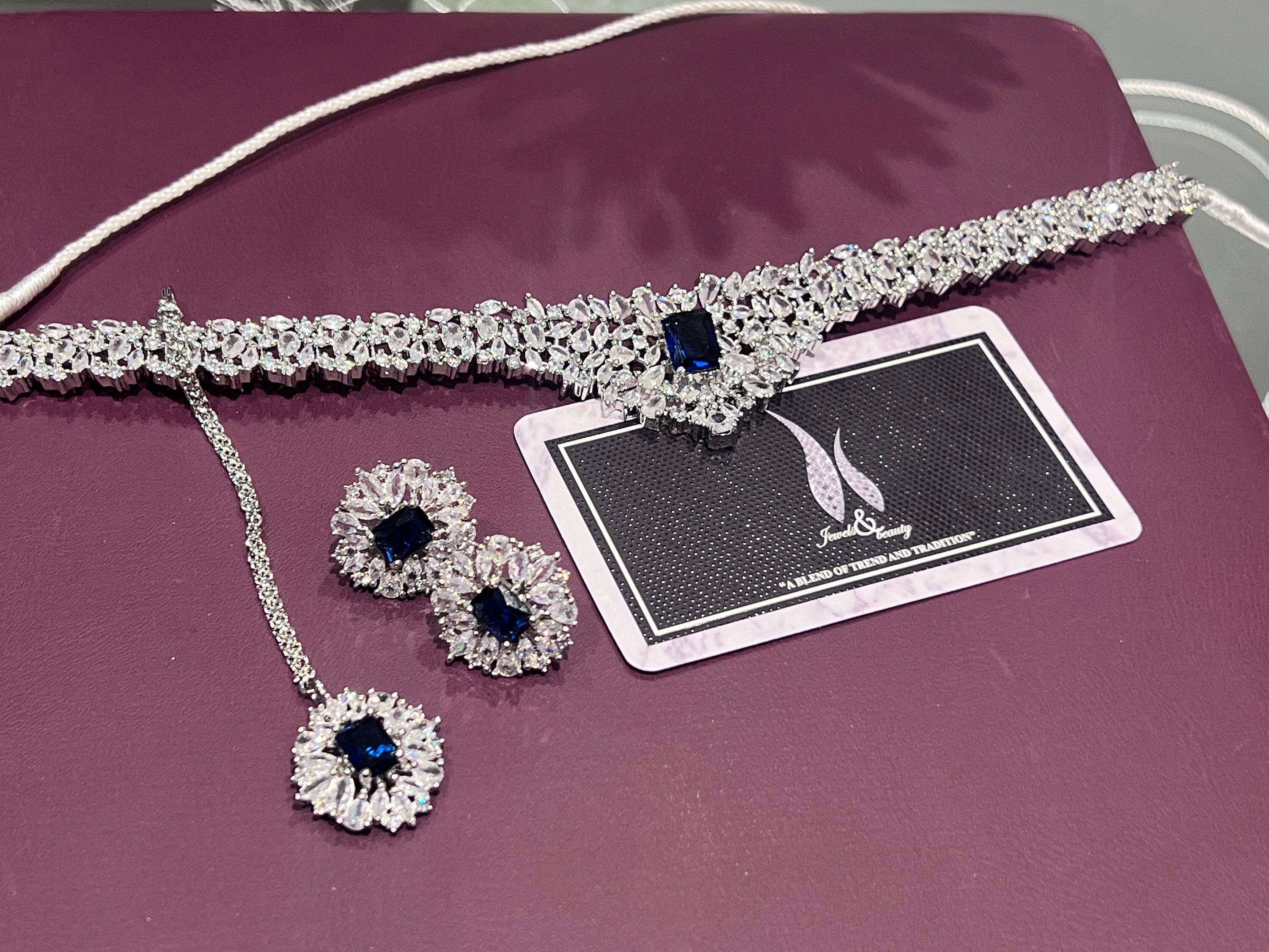 Indian CZ stones Silver sapphire blue Choker Necklace, Earrings, tikka Set - Perfect Engagement Gift
