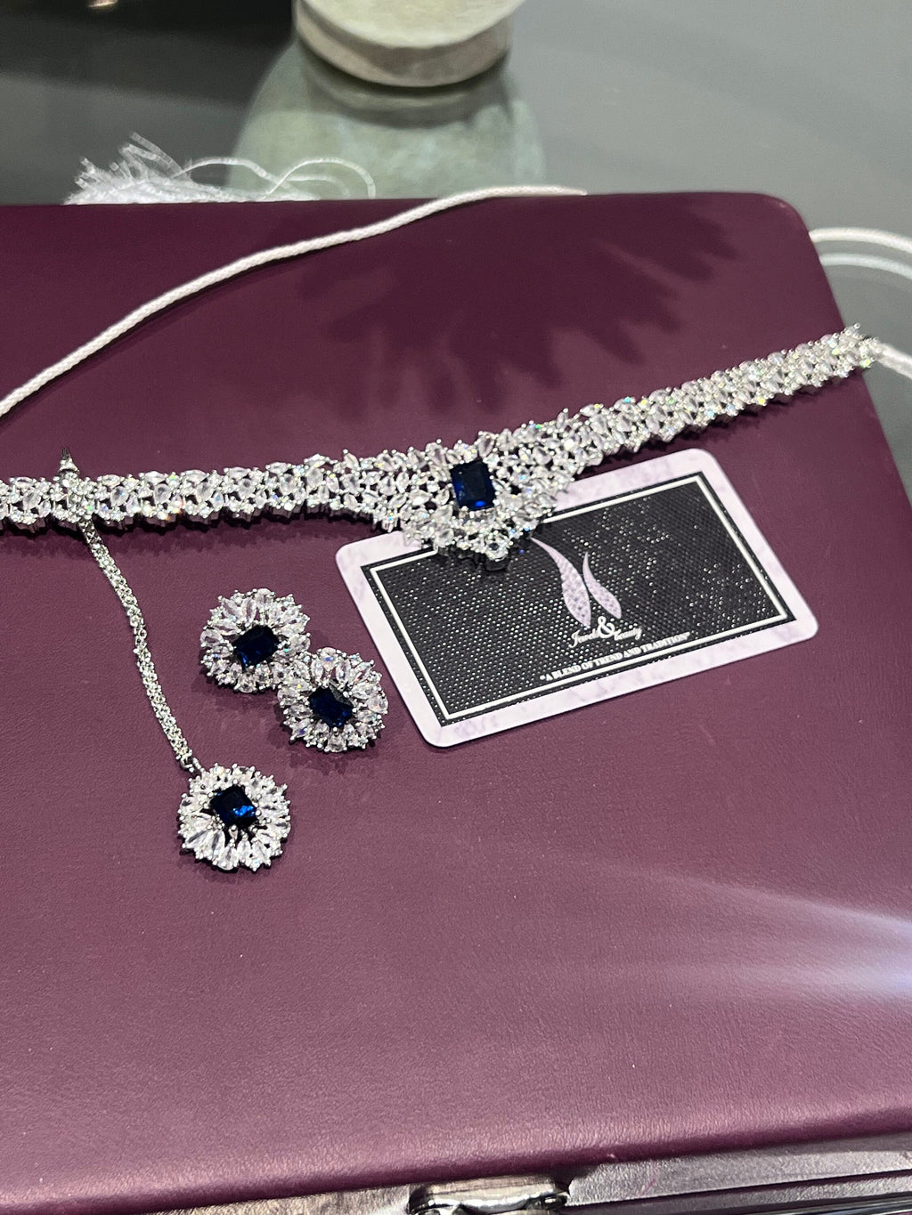 Indian CZ stones Silver sapphire blue Choker Necklace, Earrings, tikka Set - Perfect Engagement Gift