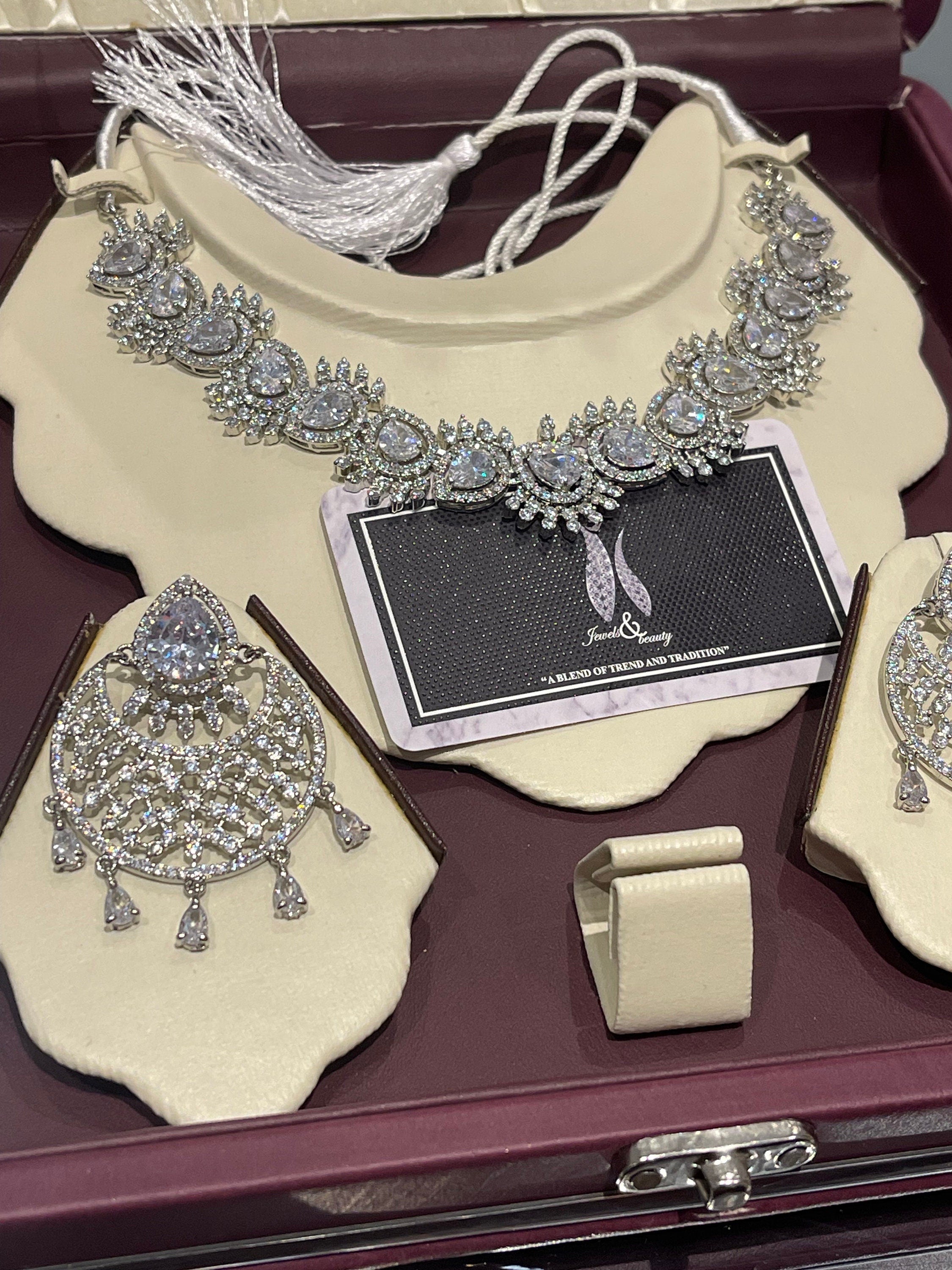 CZ Diamond Bridal Jewelry Set: Silver Choker Necklace & Earrings
