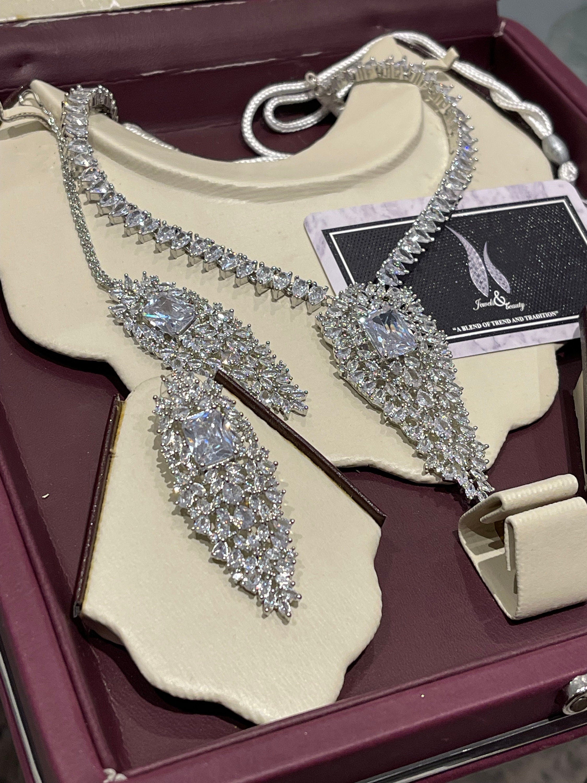 Indian Bridal CZ Diamanté Necklace Set: Silver Wedding Jewelry