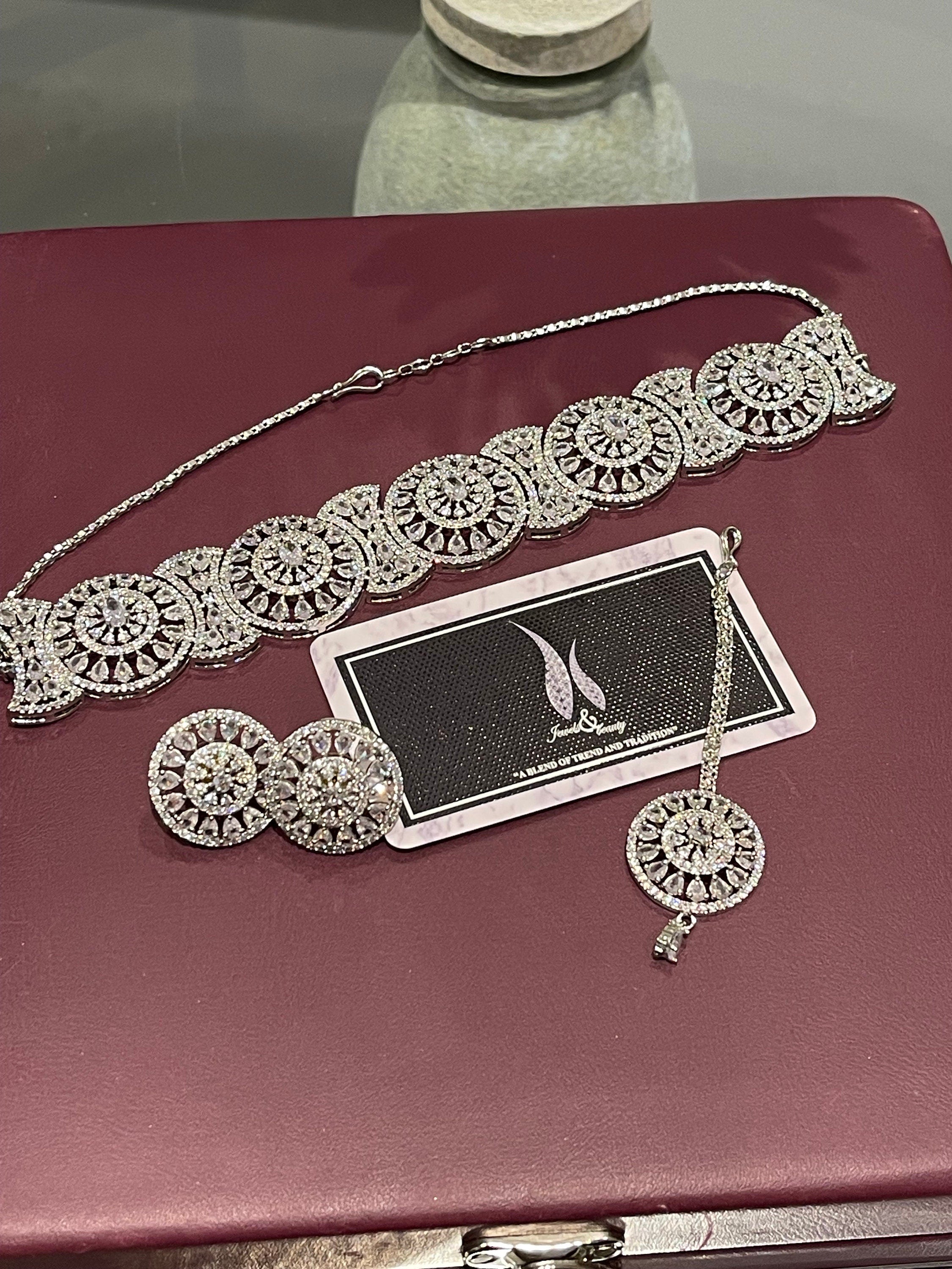 Indian Bridal CZ Diamanté Choker Necklace Set: Silver Wedding Jewelry