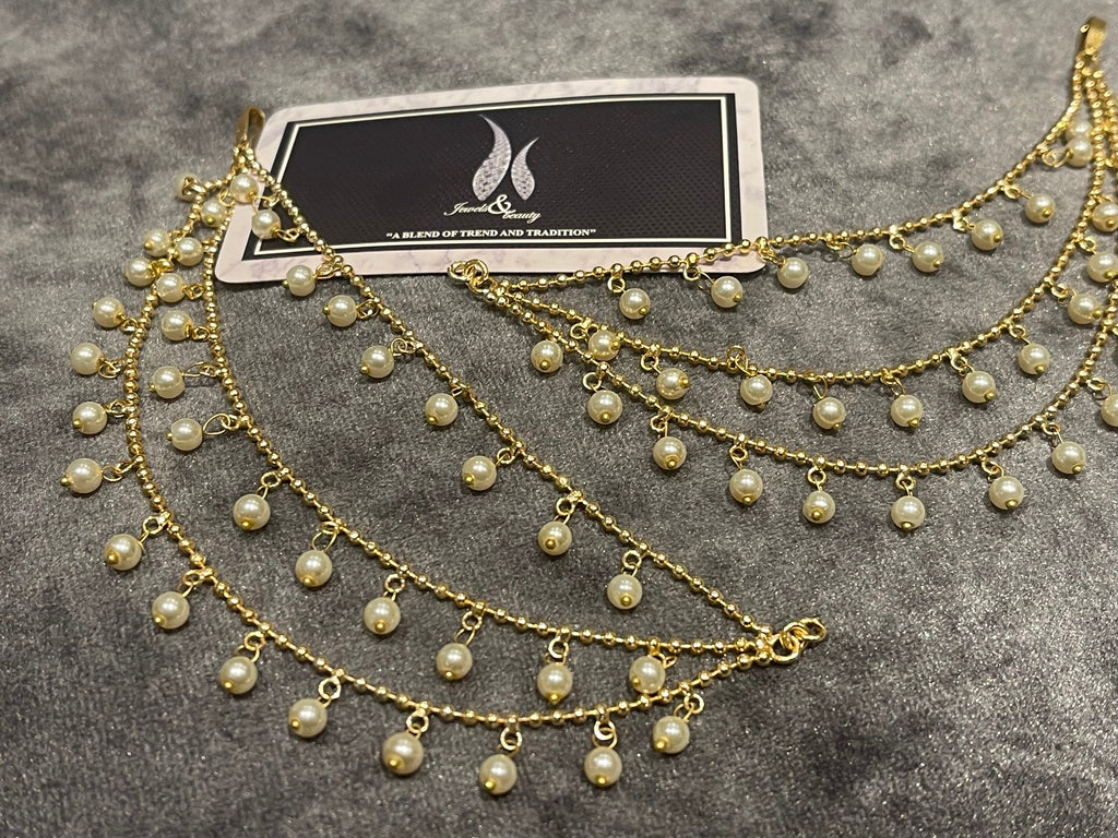 Gold Plated Pearl Ear Chain: Pakistani Indian Jewelry