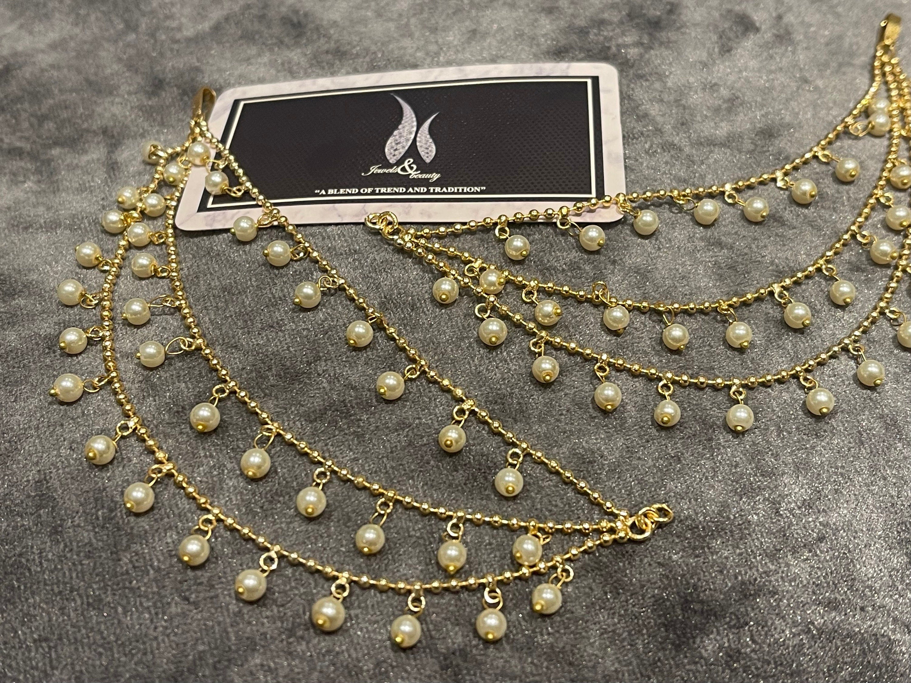 Gold Plated Pearl Ear Chain: Pakistani Indian Jewelry