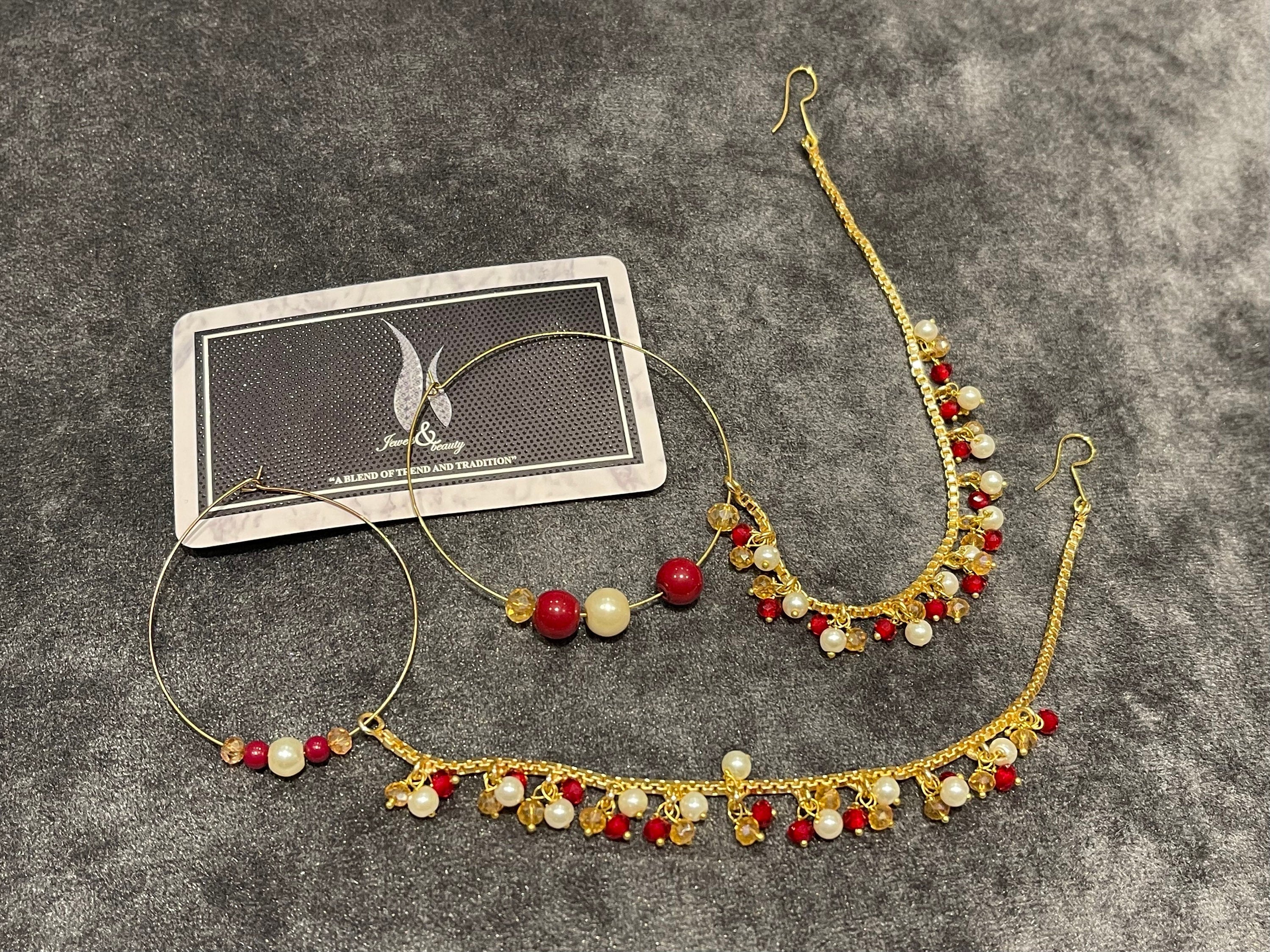 Gold Plated Indian Nose Ring: Bridal Nath with Pearls & Crystals