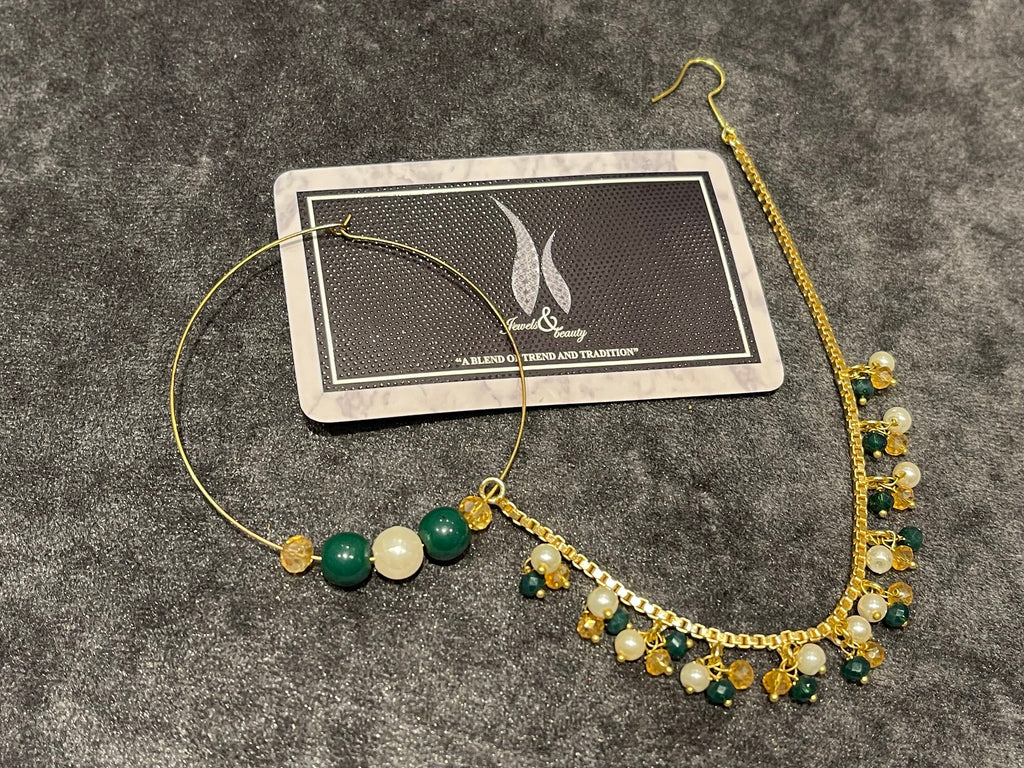 Gold Plated Nose Ring Nath: Emerald, Pearl, and Crystal Indian Bridal Jewelry