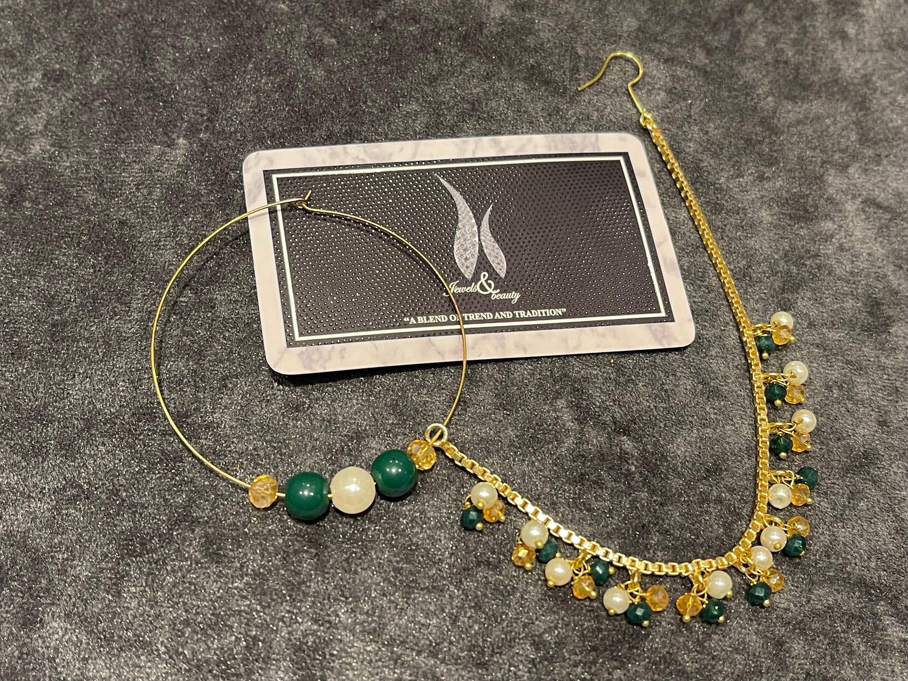 Gold Plated Nose Ring Nath: Emerald, Pearl, and Crystal Indian Bridal Jewelry