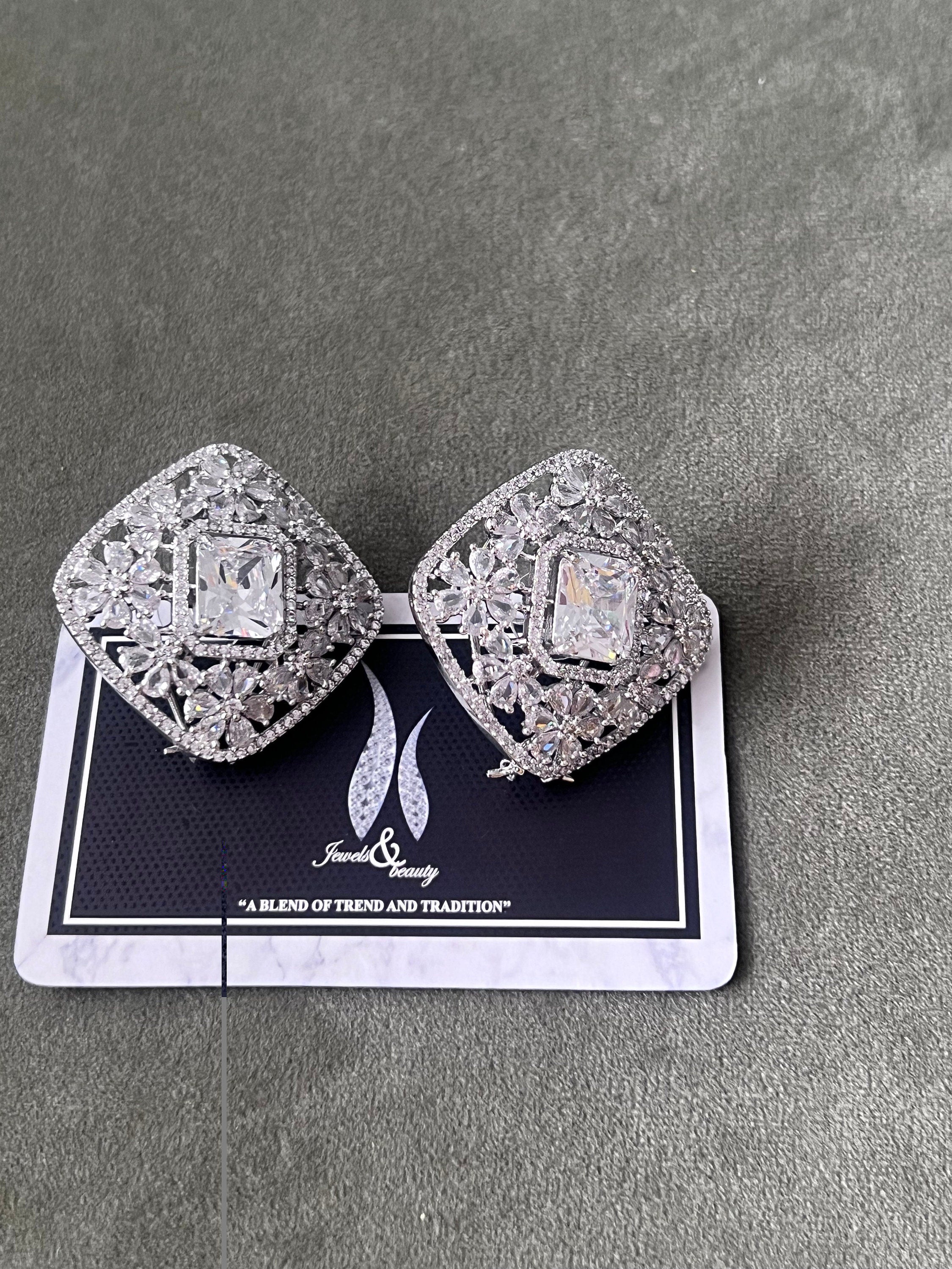 Elegant Cubic Zirconia Studs - Rhodium Plated Bridal Earrings pair